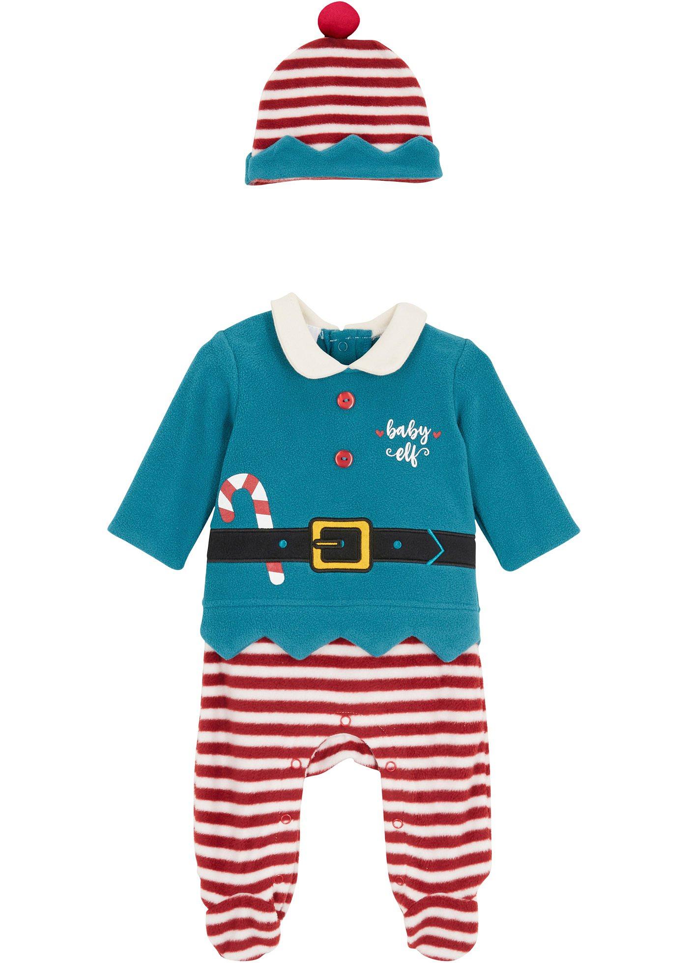 Toller Strampler im Elfen-Look mit Mütze, perfekt zur Weihnachtszeit (90303395) in petrol/dunkelrot/weiß gestreift
