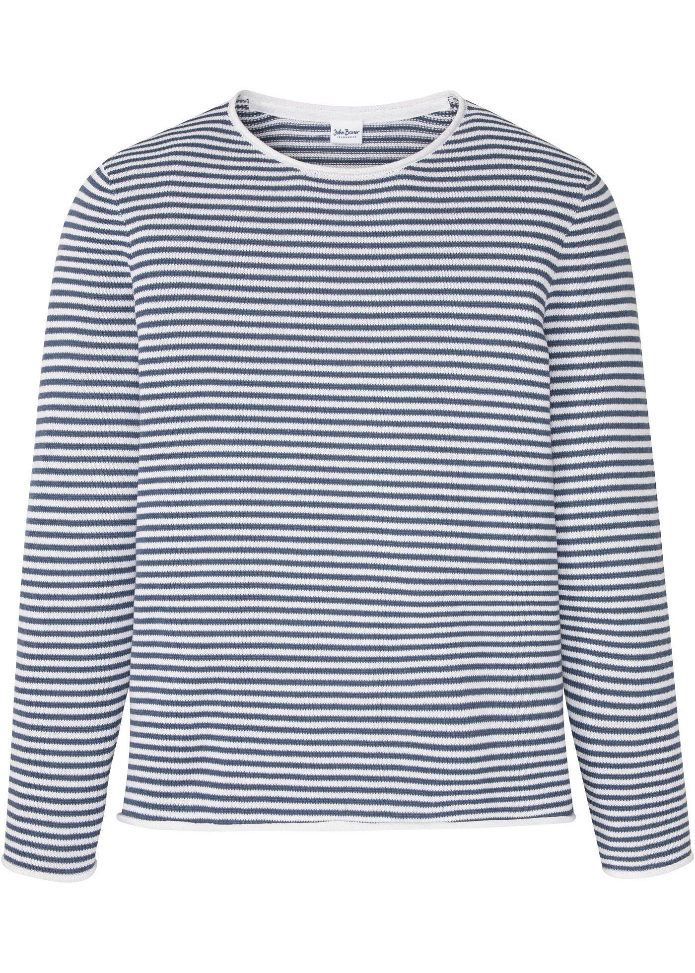 Modischer Rundhals-Pullover mit recycelter Baumwolle (90570795) in blau geringelt