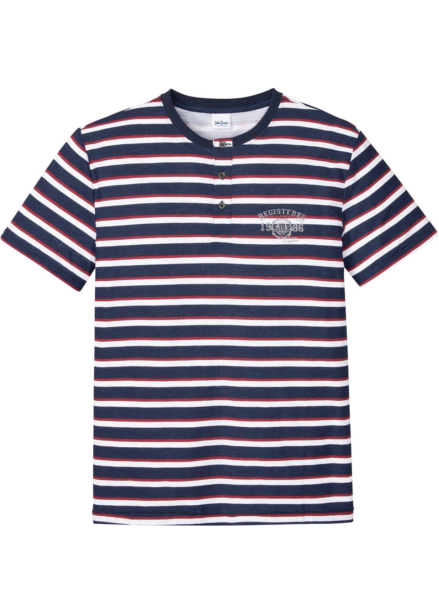 Modisch geringeltes Henleyshirt mit Knopfleiste (95710781) in dunkelblau / abendrot geringelt
