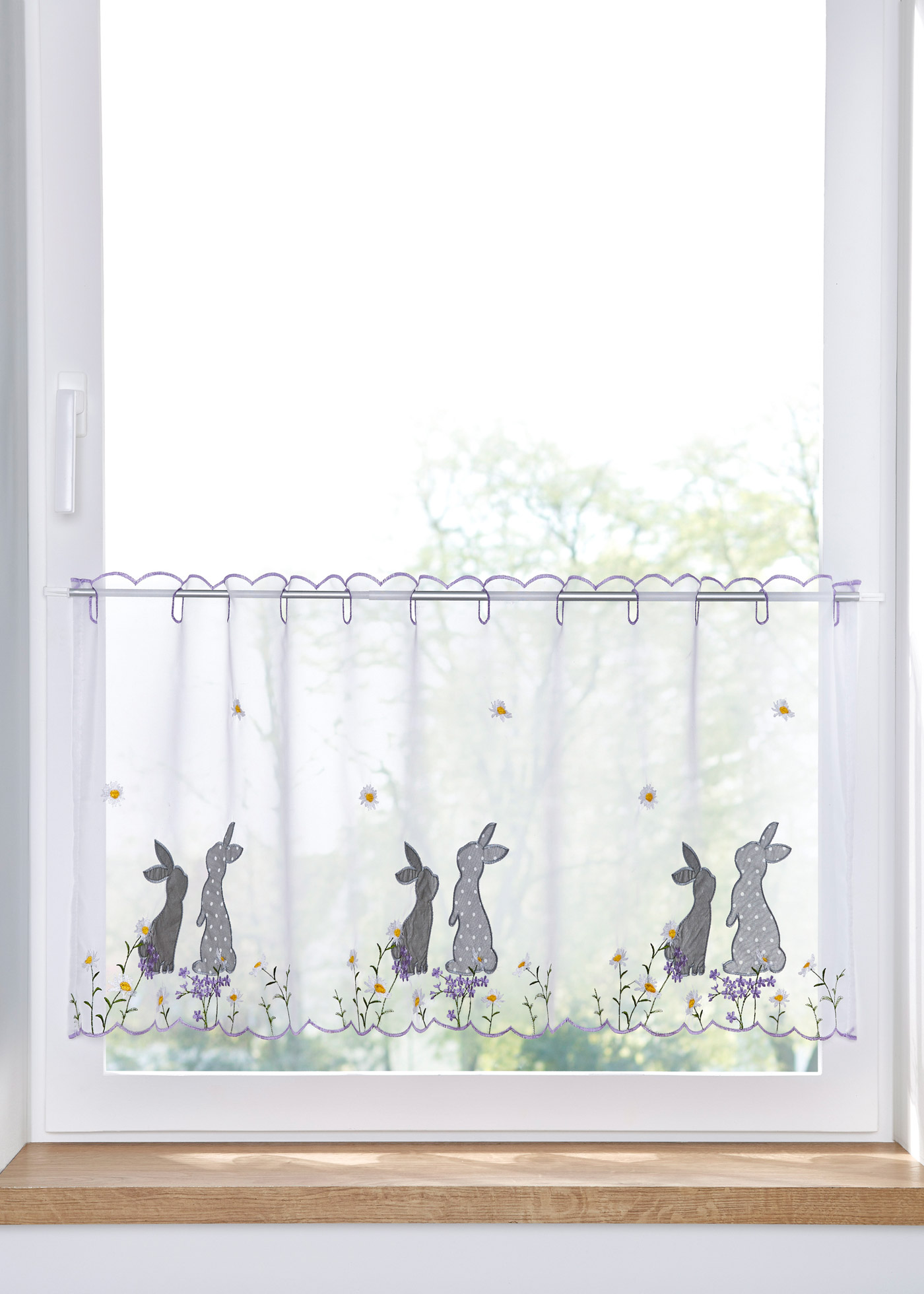 Küchengardine mit niedlichen Osterhasen für Dein Kleinfenster (90496895) in weiss/grau