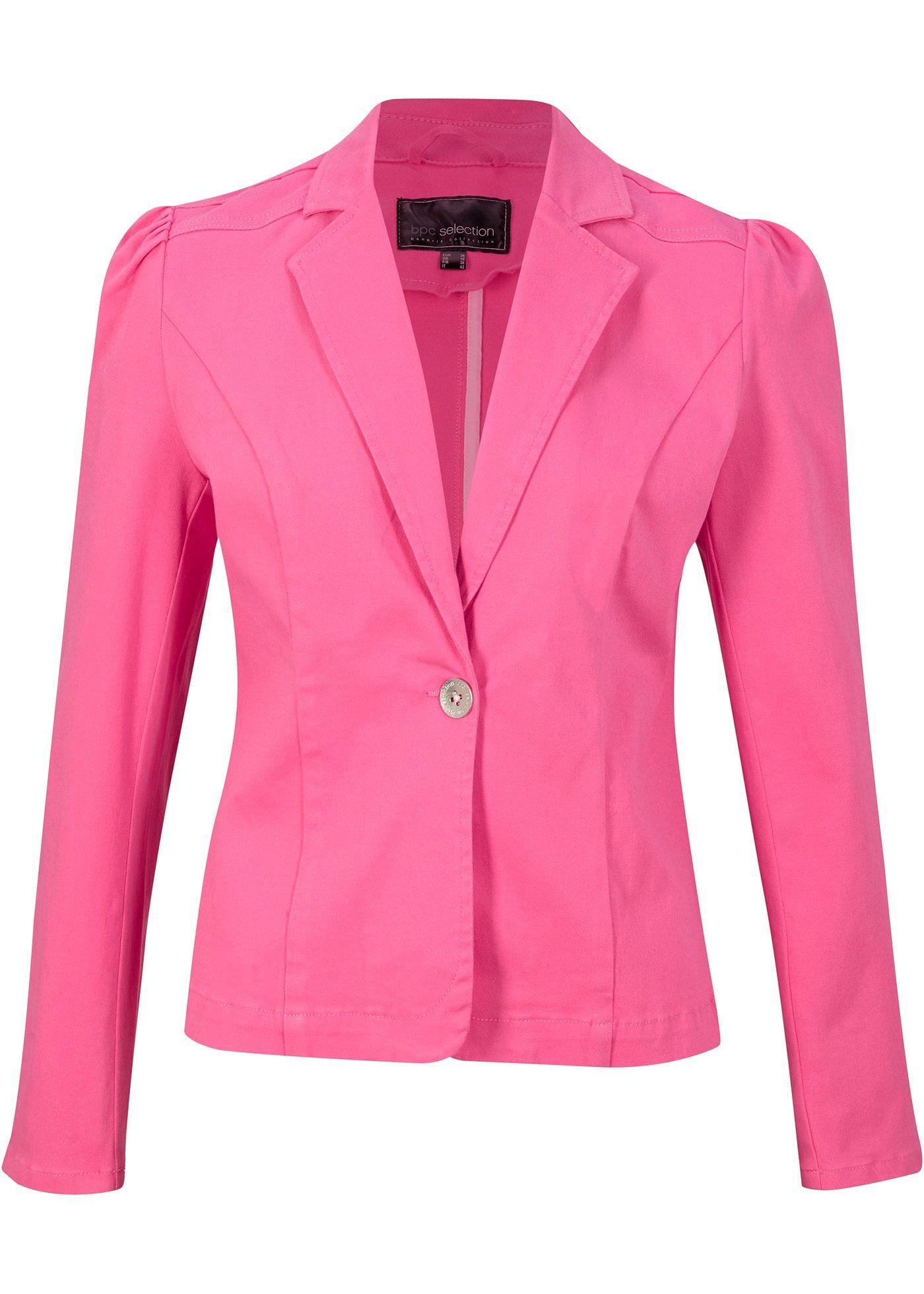 Moderne Jeansjacke mit Rüschen am Ärmel. (95296795) in flamingopink