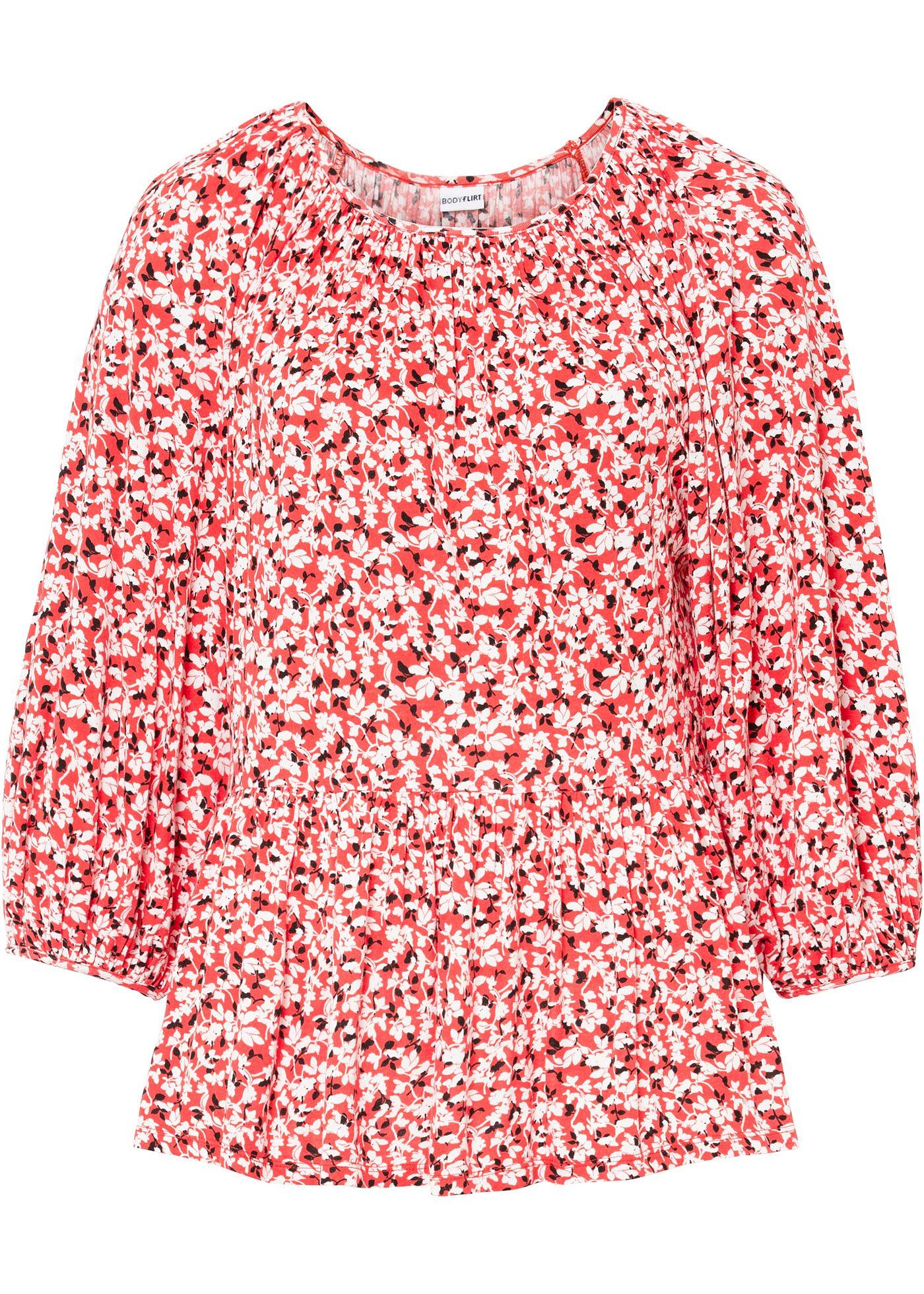 Figurumspielendes Shirt aus nachhaltiger Viskose mit Ballonärmel und Volants. (91464781) in signalrot geblümt