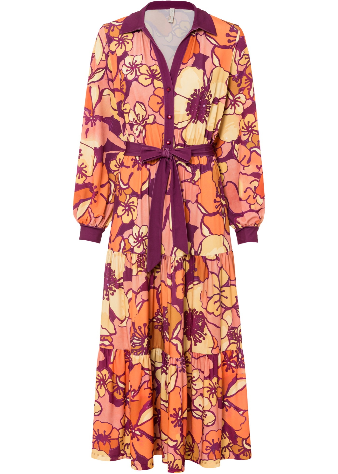 Romantisch und Feminin: Jersey-Kleid mit kontrastem Hemdkragen, Binde-Detail an der Taille und Ärmel-Bund, mit seinem Allover-Druck macht es jedes Teil zu einem Unikat. (96446981) in orange/dunkelrot floral