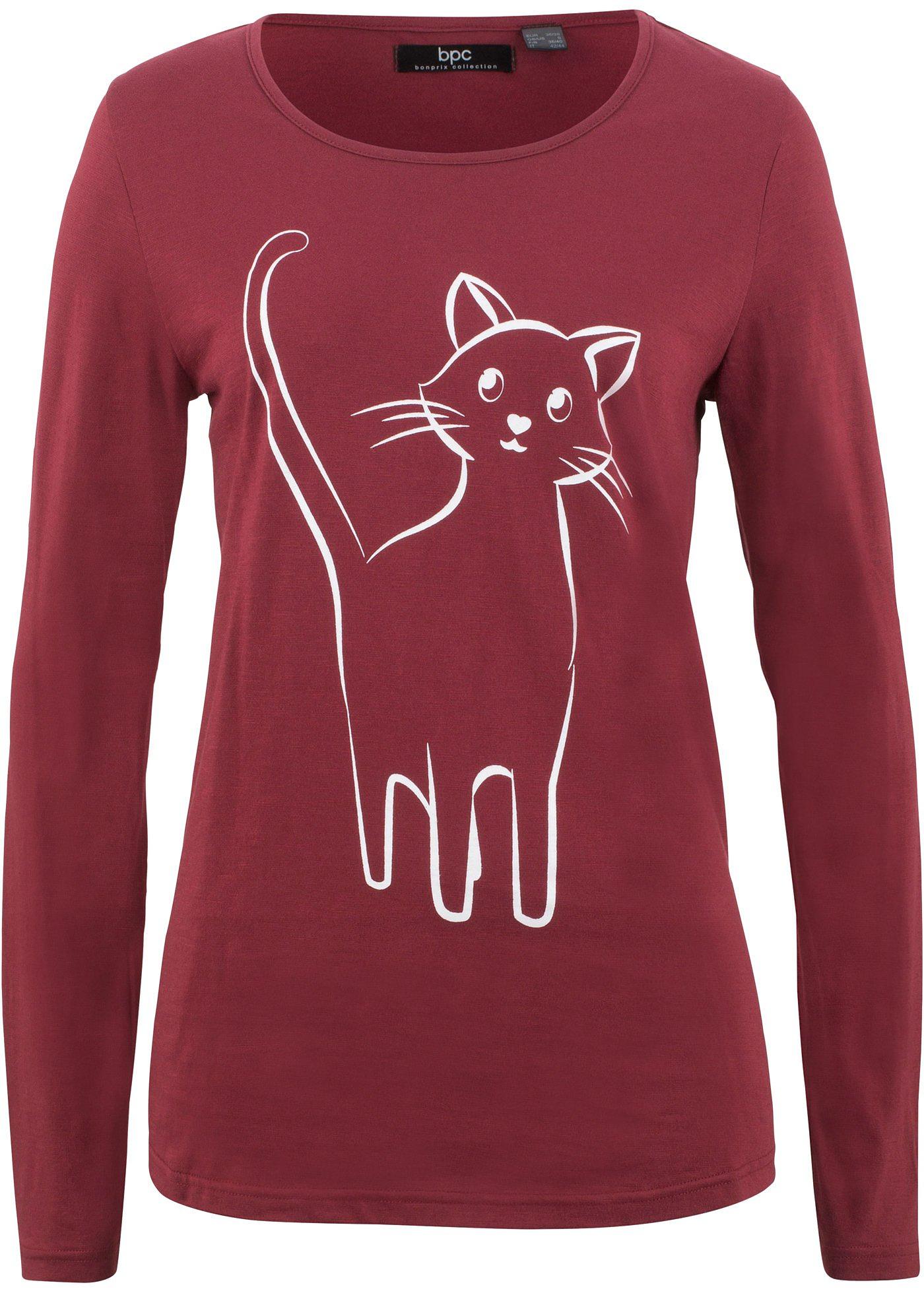 Baumwoll-Langarm-Shirt mit frechem Katzenprint (91964195) in bordeaux