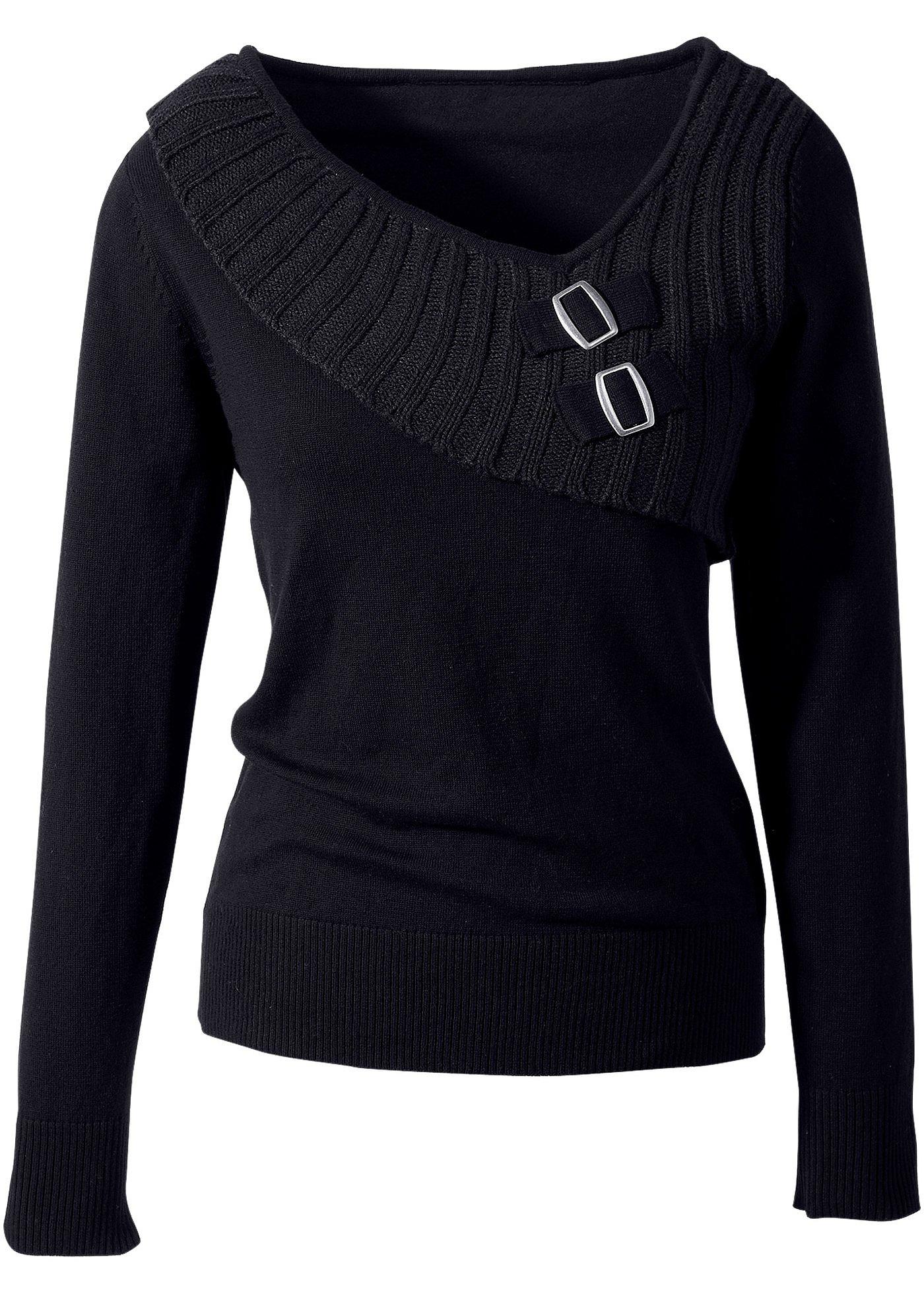 Schöner Pullover mit Strickmix und Metall-Schnallen - schwarz