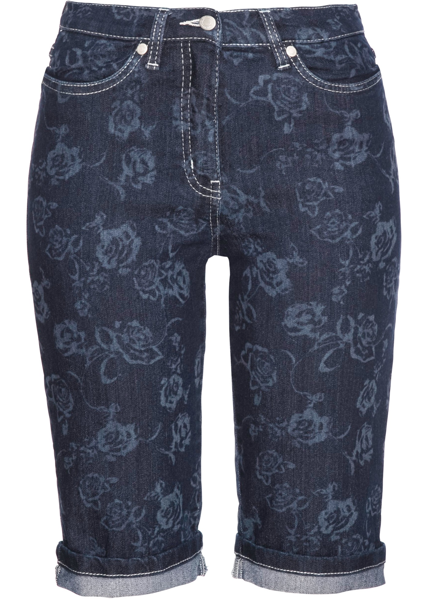 Stilvolle Jeans-Bermudas mit Beinumschlag (93665781) in darkblue stone/weiß bedruckt