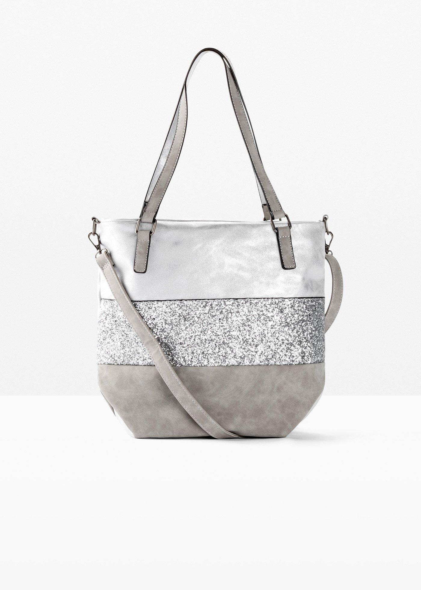 Trendy und stylisch: Shopper mit Glitzerapplikation (94150695) in silberfarben gestreift