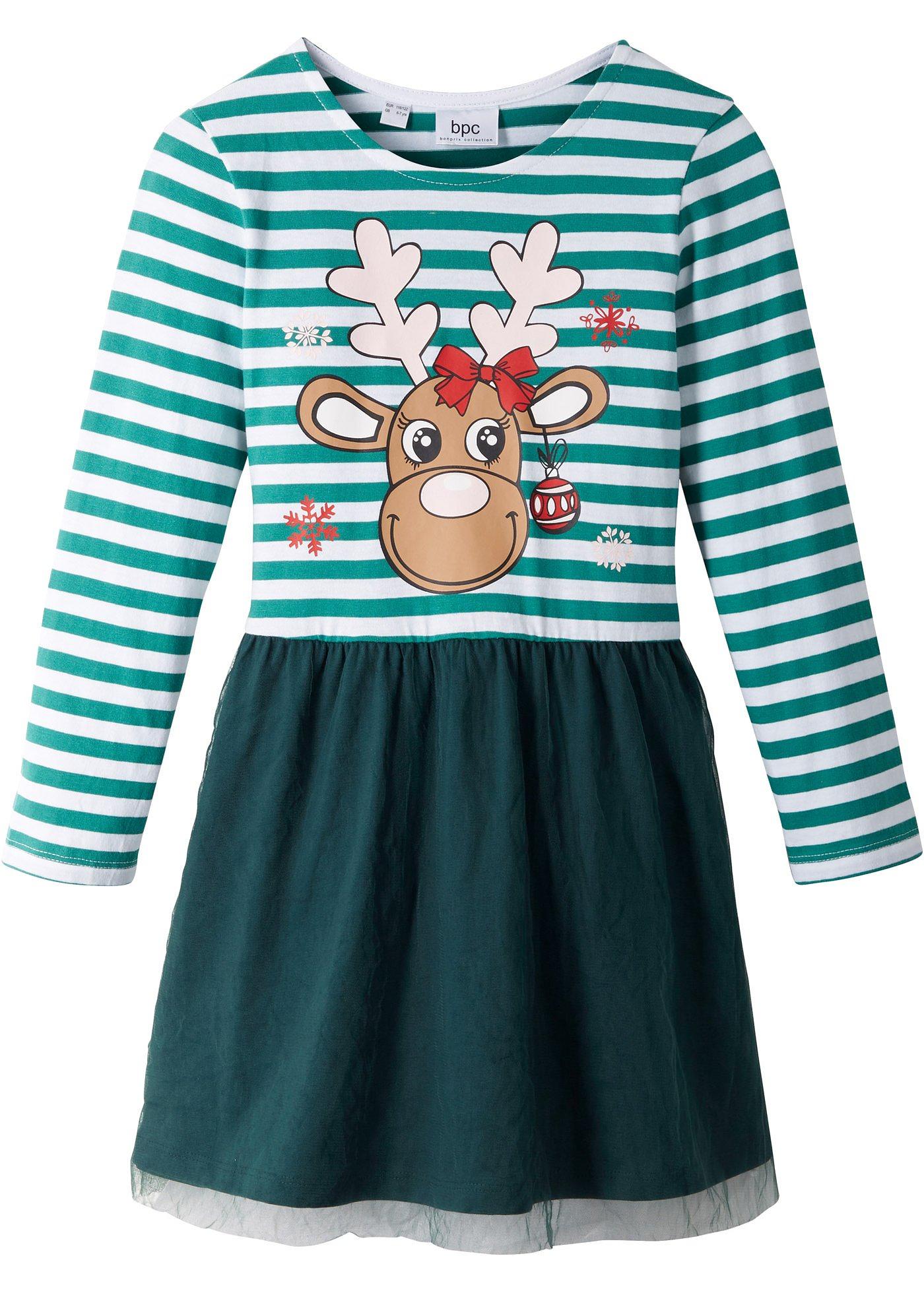 Weihnachtliches Jerseykleid mit Tüllrock und Print (91198595) in rauchsmaragd/weiß/tiefgrün