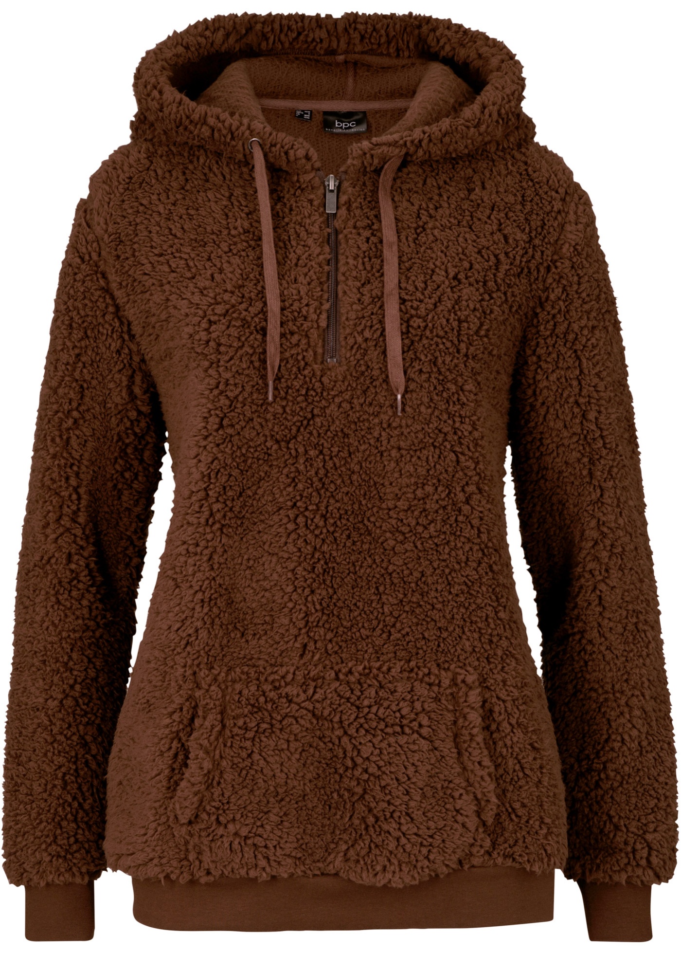 Pullover aus Teddy-Fleece mit Reißverschluss-Detail und Kapuze - braun