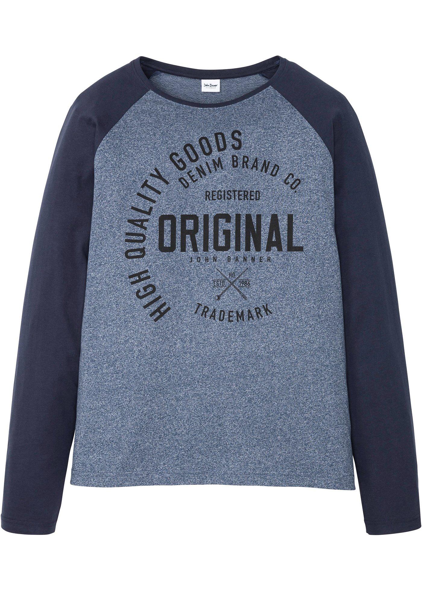 Modernes Langarmshirt mit farblich abgesetzten Raglanärmeln und Druck auf der Brust (96785881) in blau meliert/dunkelblau bedruckt