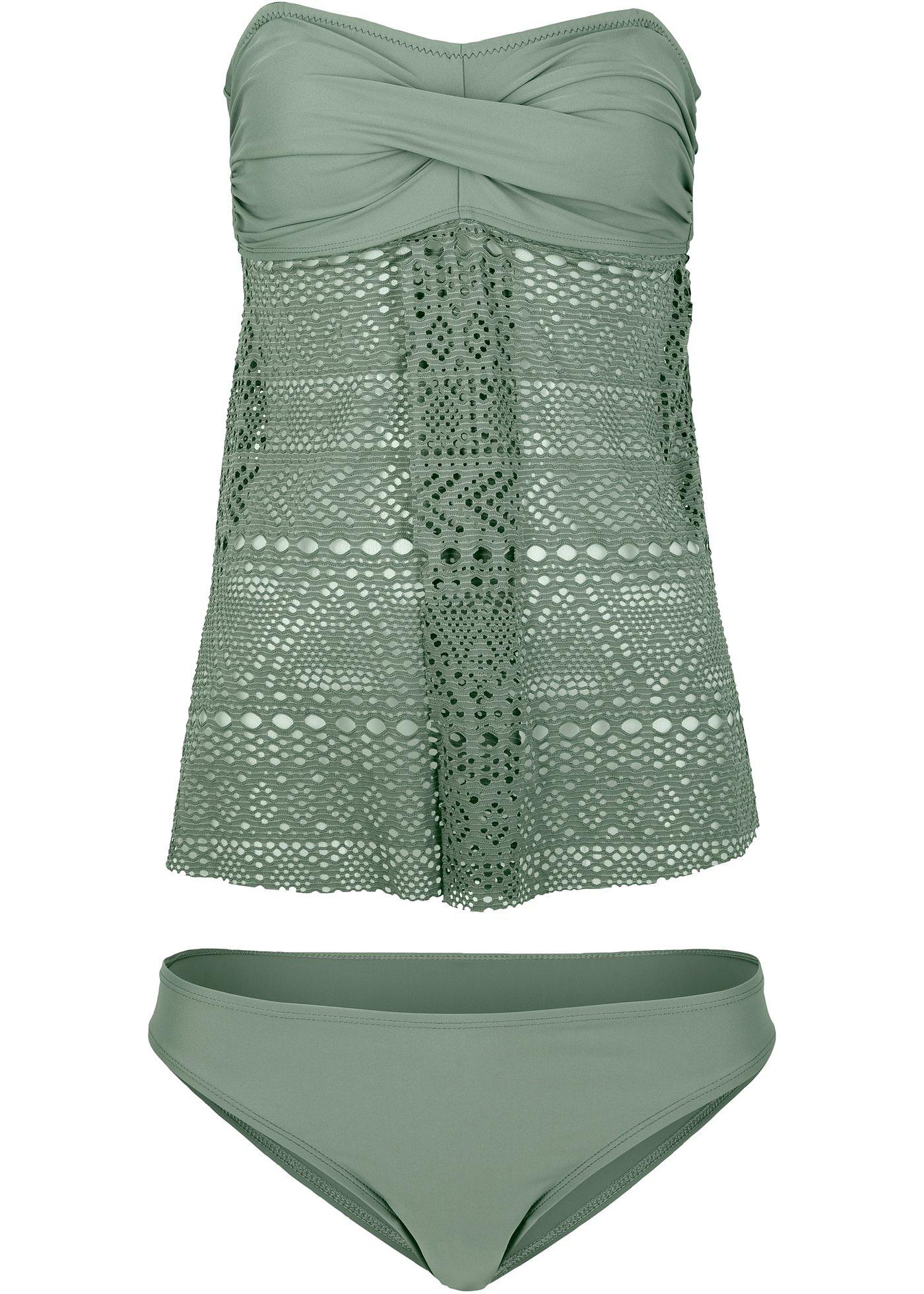 Tankini in leichter ALinie geschnitten und mit elastischer Spitze oliv
