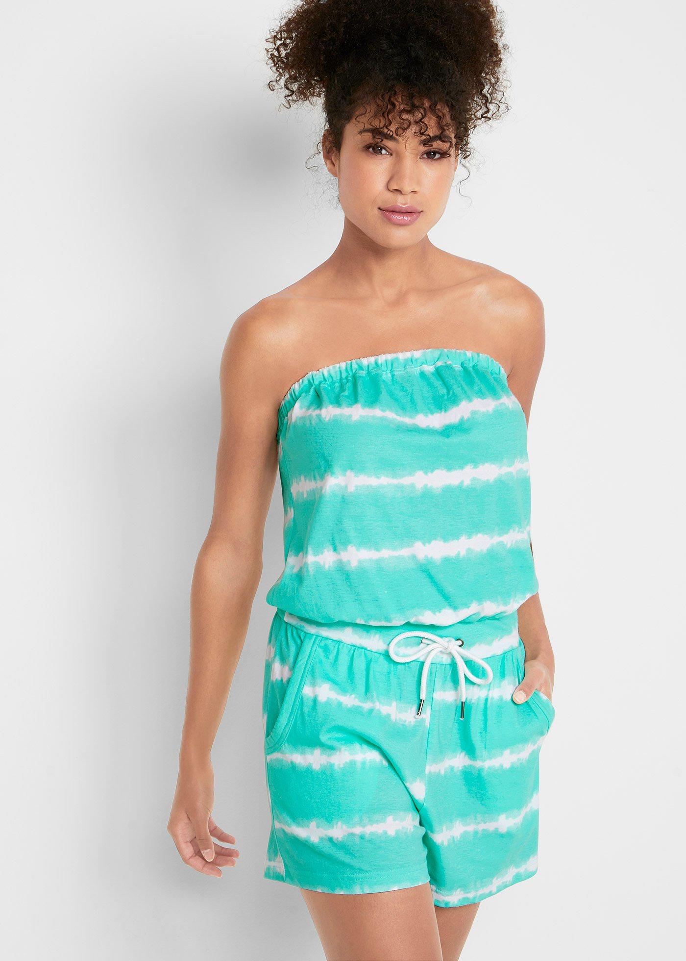 Sommerlicher Baumwoll BandeauJumpsuit mit Batikdruck mentholblau