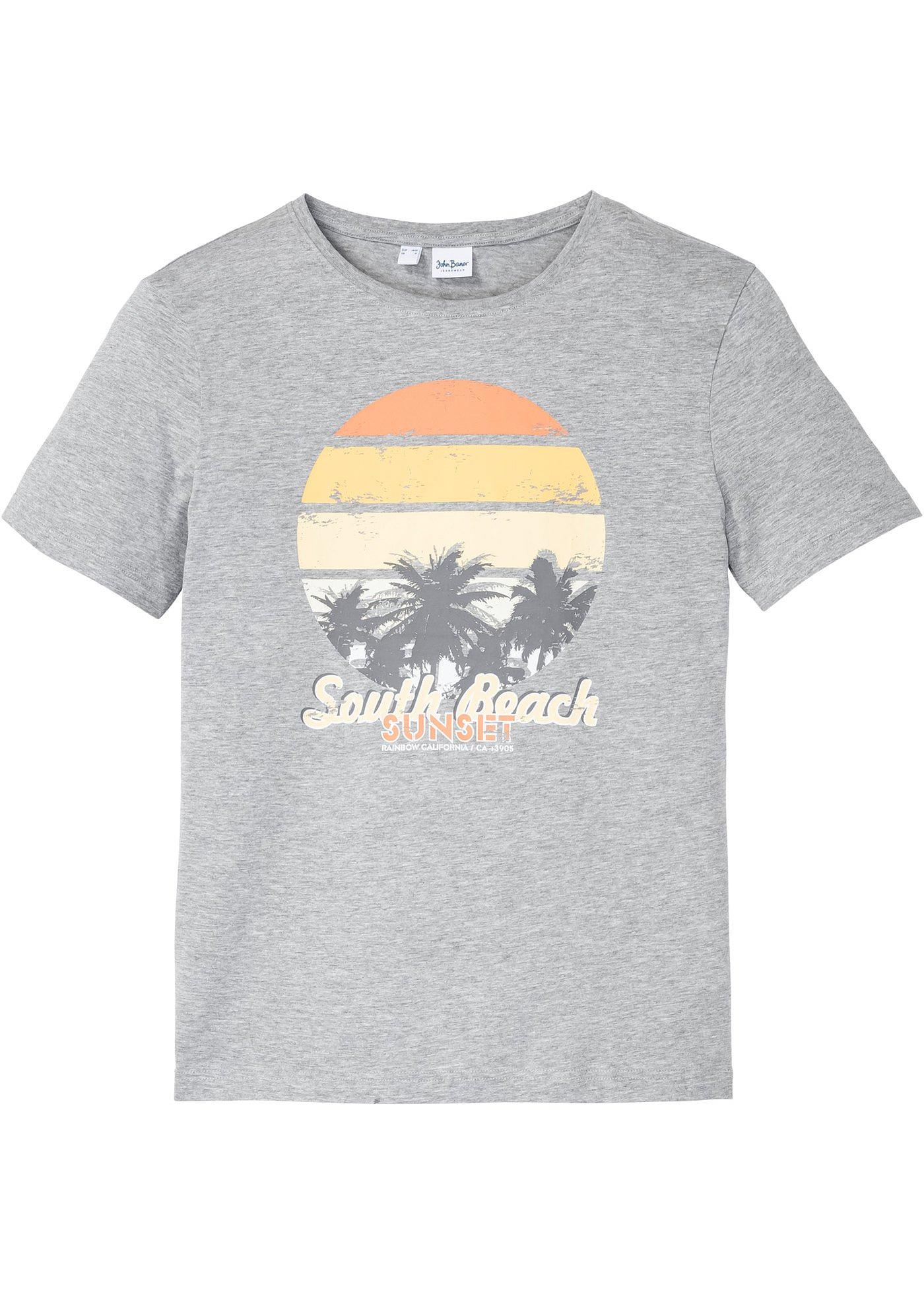 Modernes T-Shirt mit sommerlichem Druck auf der Vorderseite. (91112081) in hellgrau meliert bedruckt