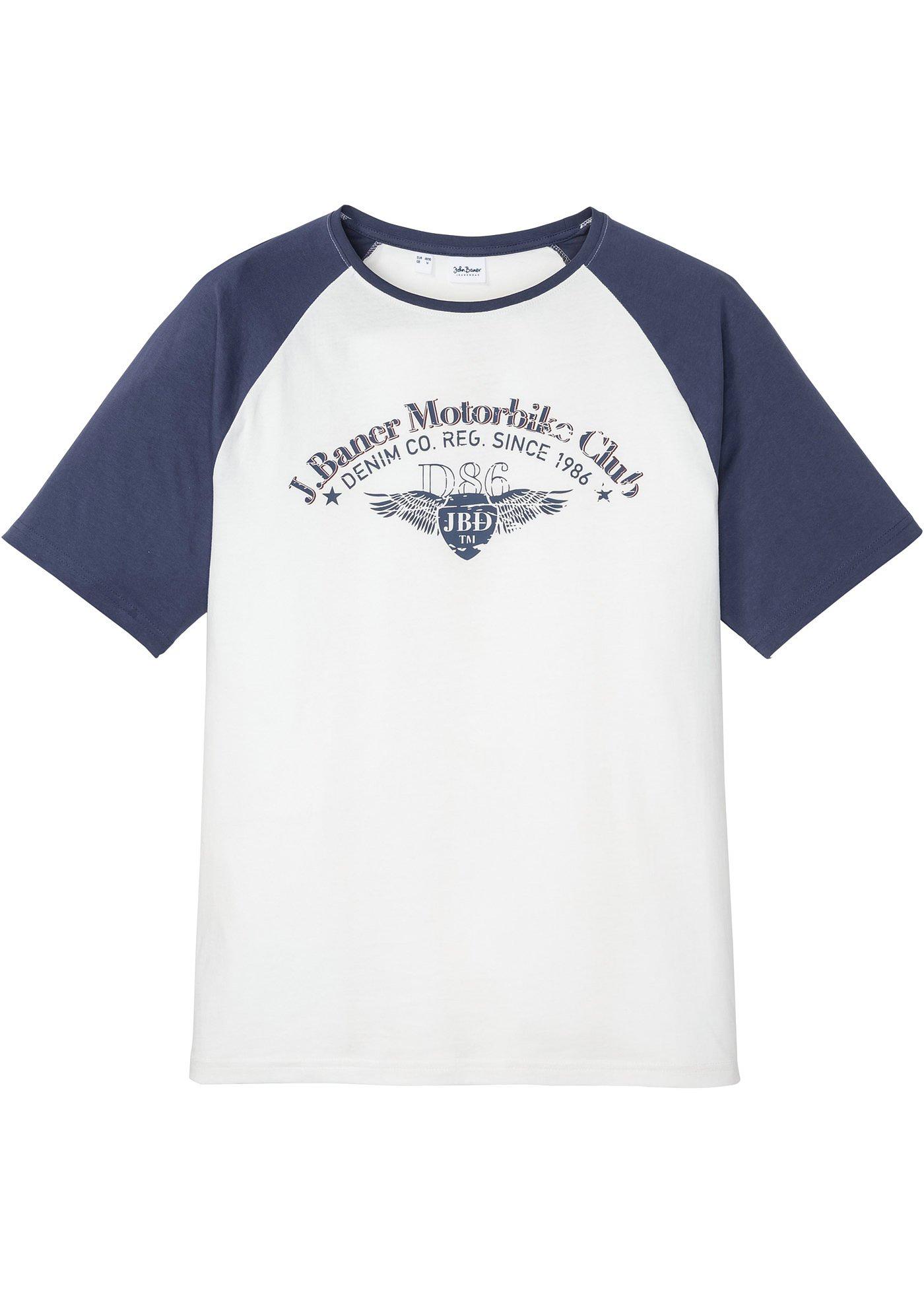 Angesagtes T-Shirt mit kontrastfarbenen Raglanärmeln (91686481) in wollweiß/indigo bedruckt
