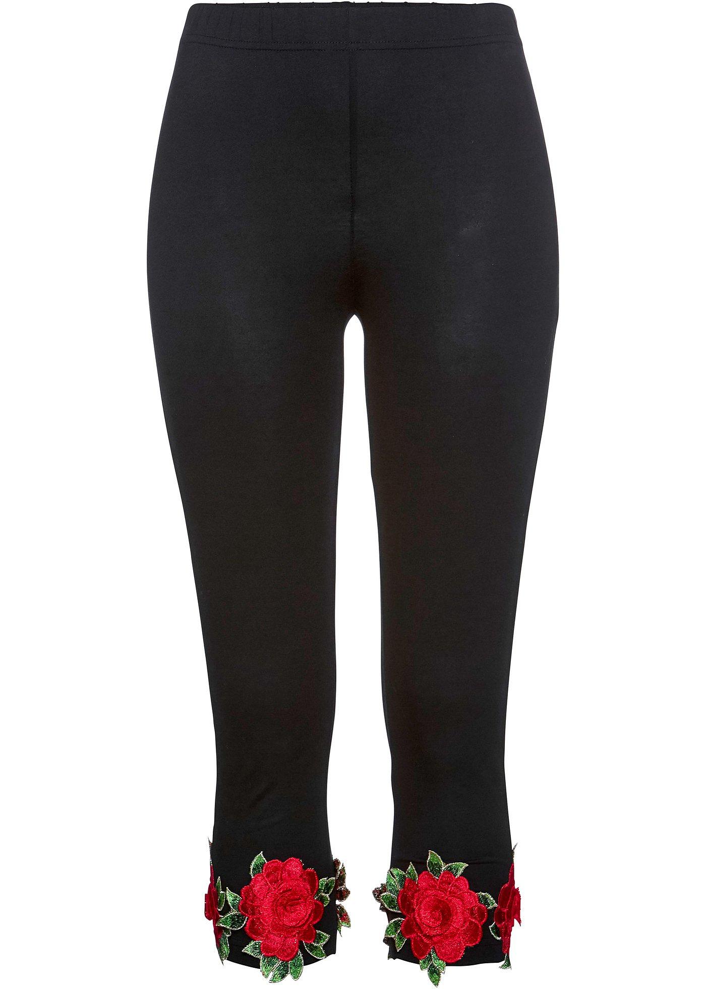 Modische Capri-Leggings mit 3D-Blütenapplikation (90750895) in schwarz/rot geblümt