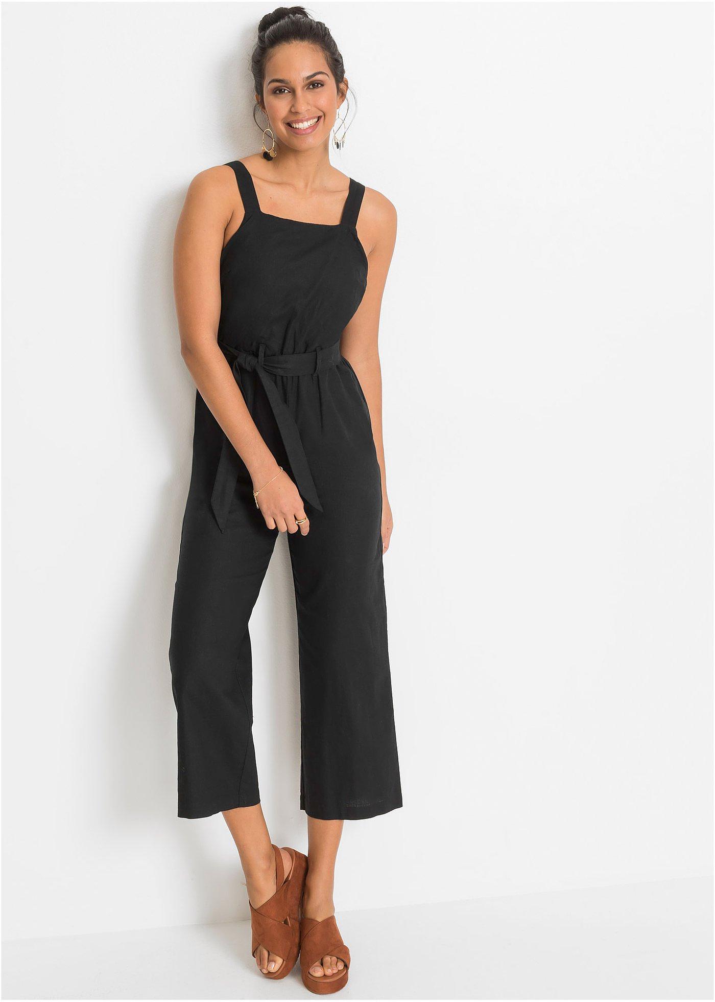 Hübscher LeinenOverall mit stylischem Bindeband um die Taille. schwarz