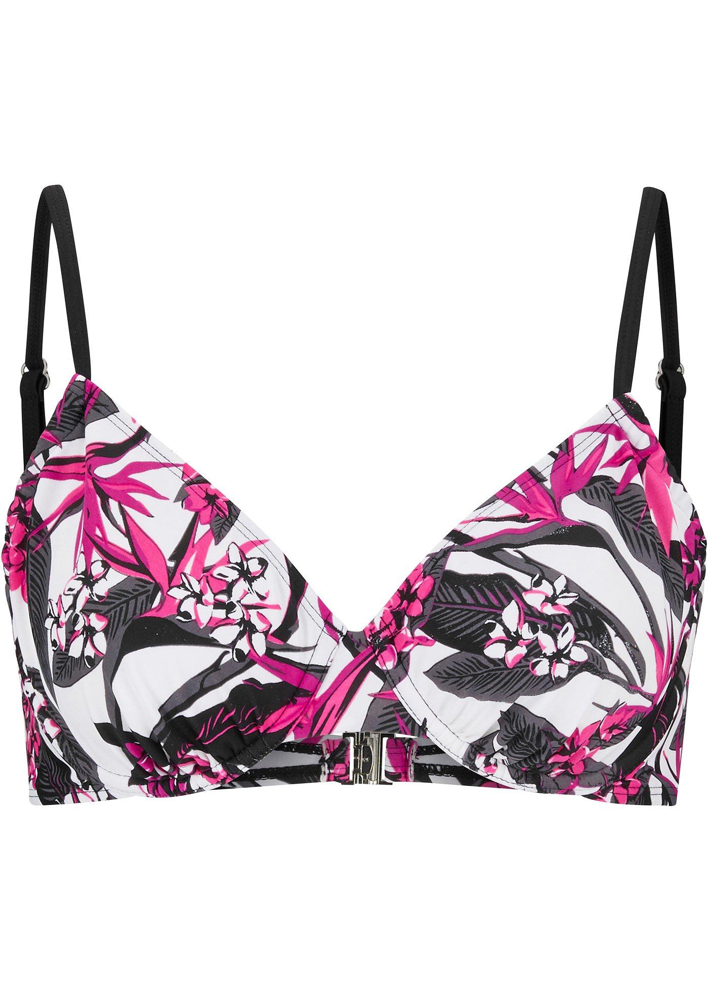 Schönes Bügel Bikini Oberteil im tollen Design schwarz/pink geblümt, Cup D