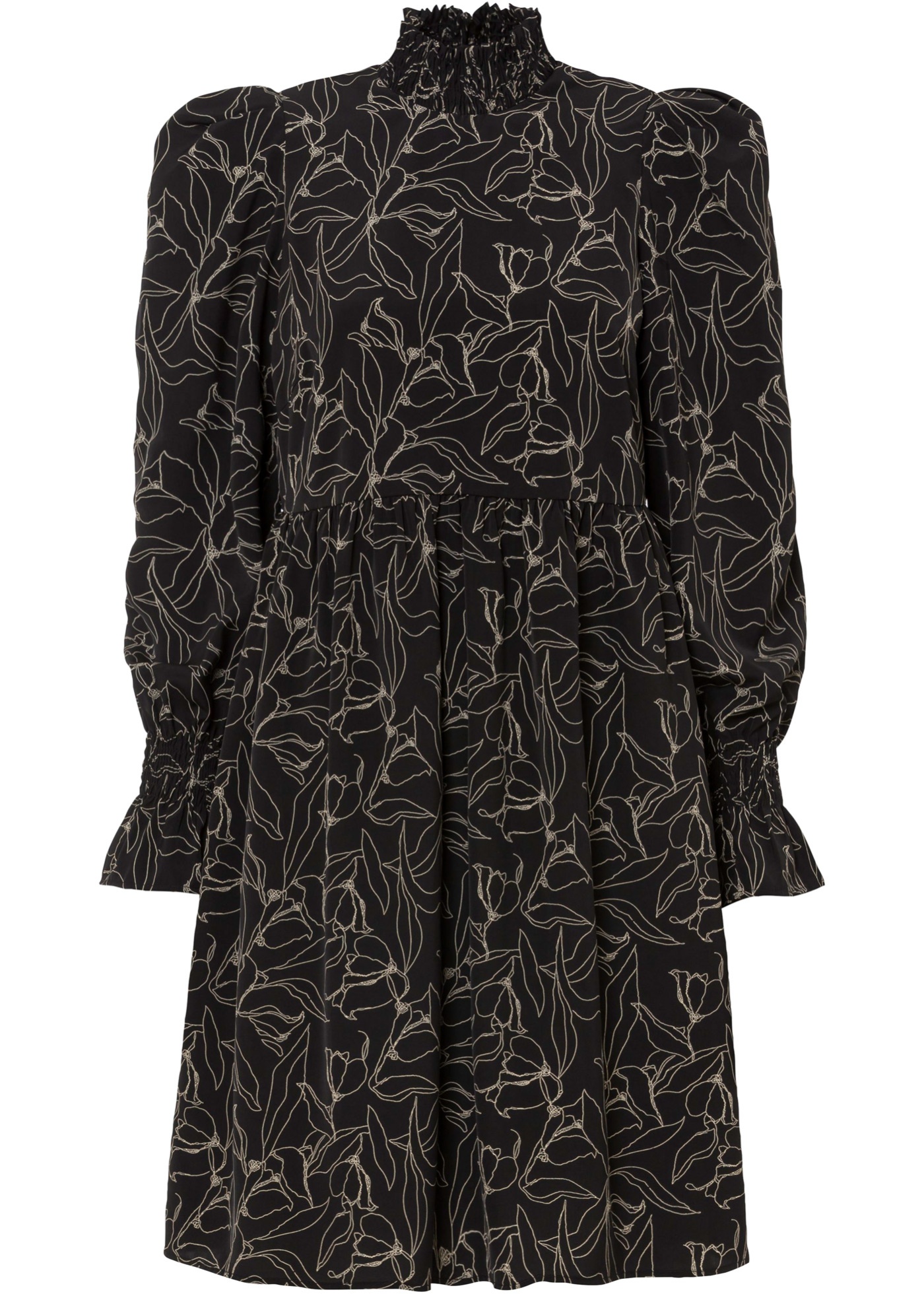 Feminines Kleid mit Smokkragen und toller Schulter-Optik. (91123495) in schwarz bedruckt