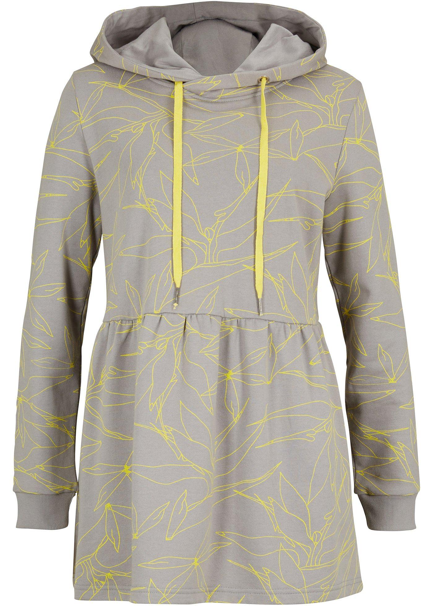 Süßes Kapuzenswatshirt mit hüschem Print, Kordeldetail und Schößchen (92355895) in schattengrau/lichtgelb gemasert