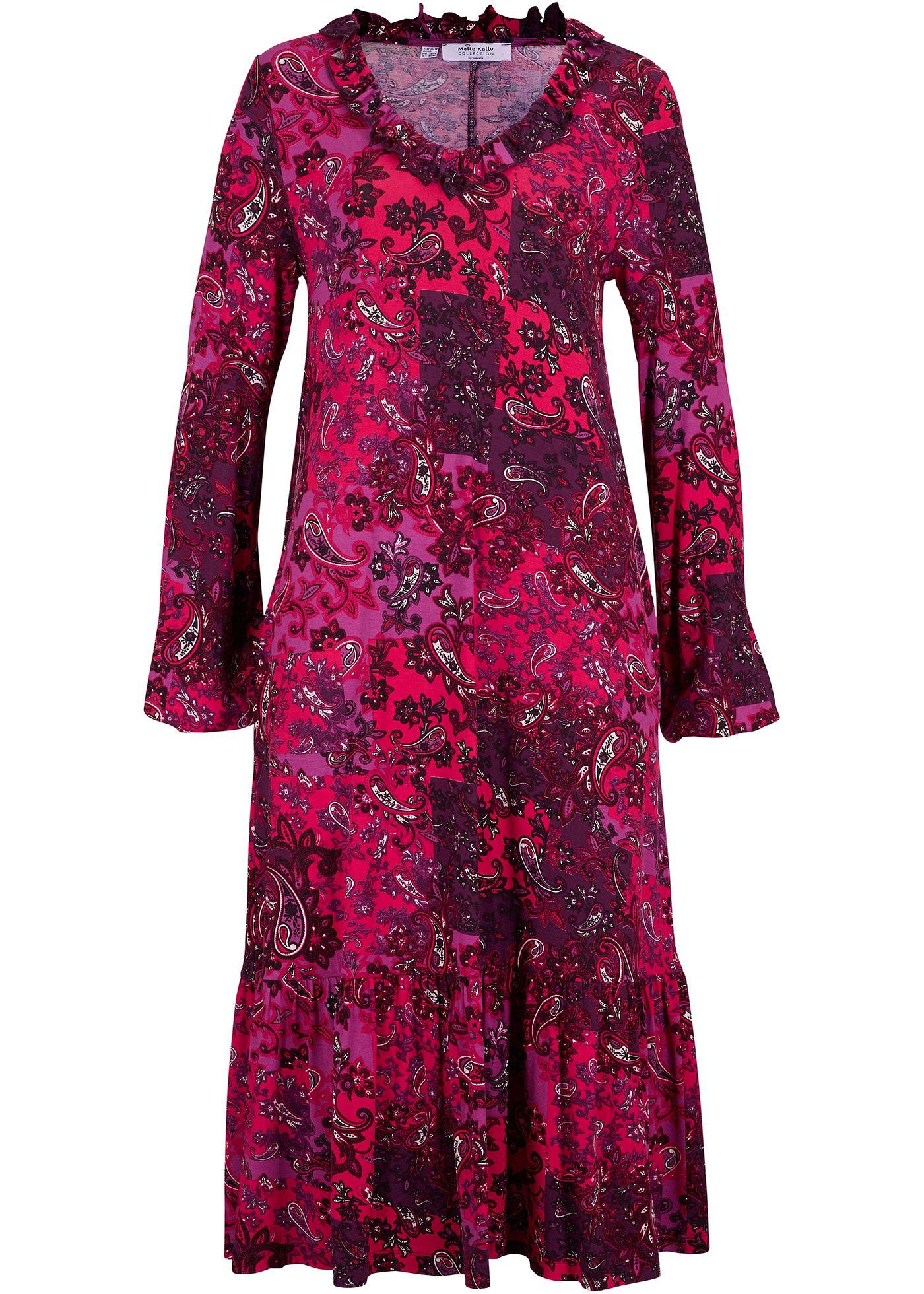 Langärmliges Jerseykleid mit V-Ausschnitt und Volant am Saum (90879695) in holunderbeere Paisley
