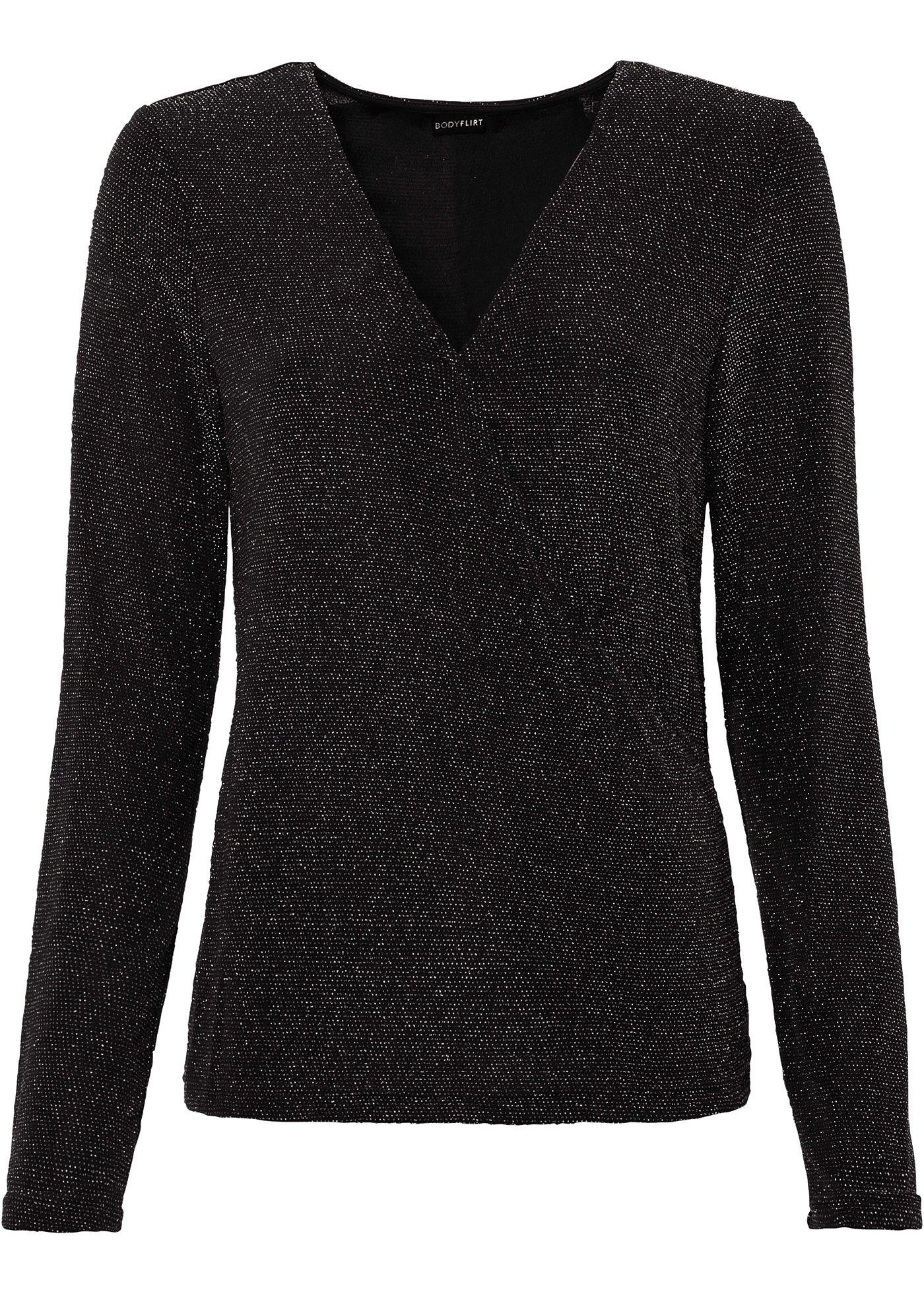 Festliches Glitzer-Shirt mit schöner Wickeloptik. (94234995) in schwarz/silber metallic