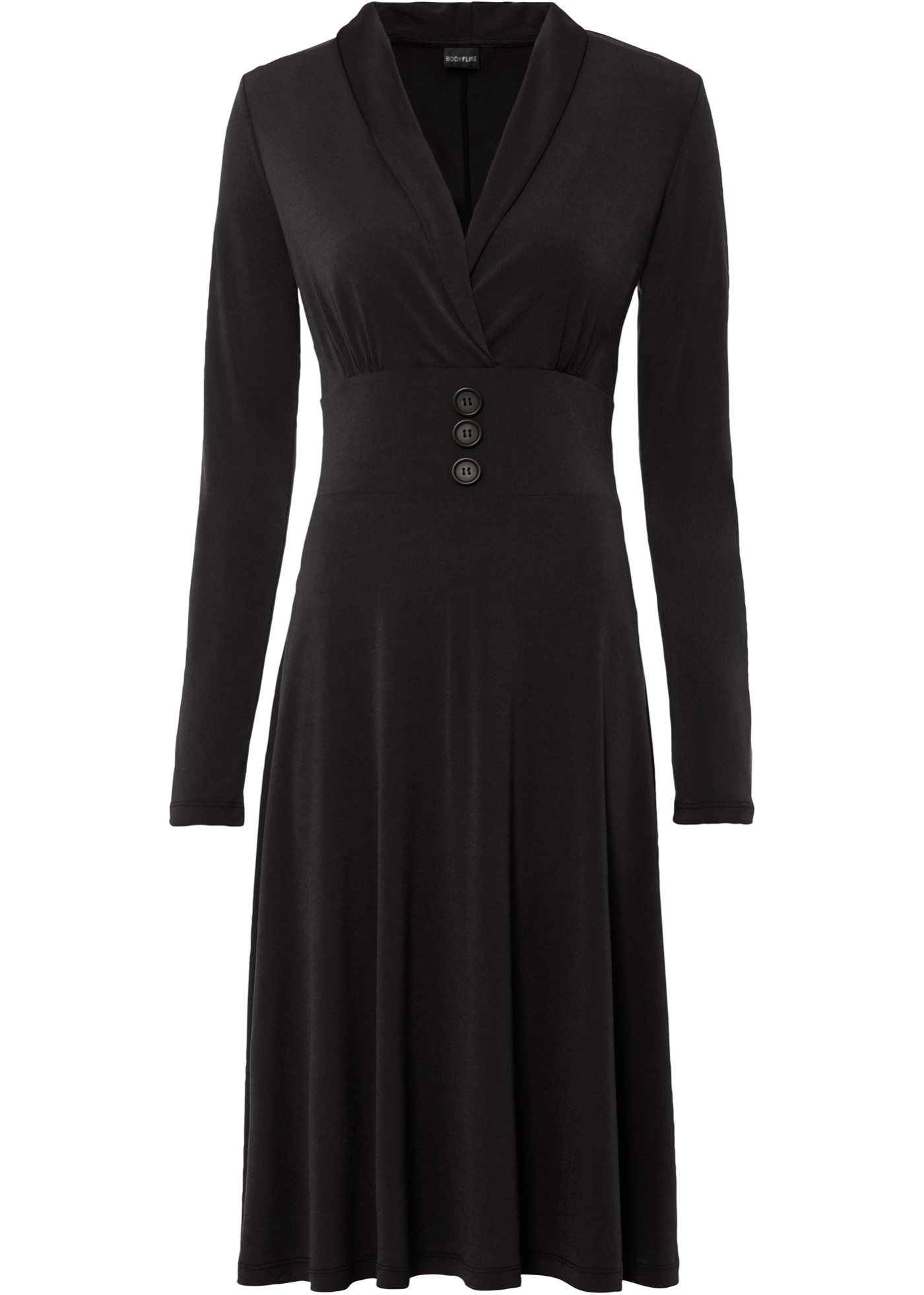 Modisches Jerseykleid mit Knöpfen verziert, das Kleid besitzt einen auffallenden Schal-Kragen. (91896395) in schwarz