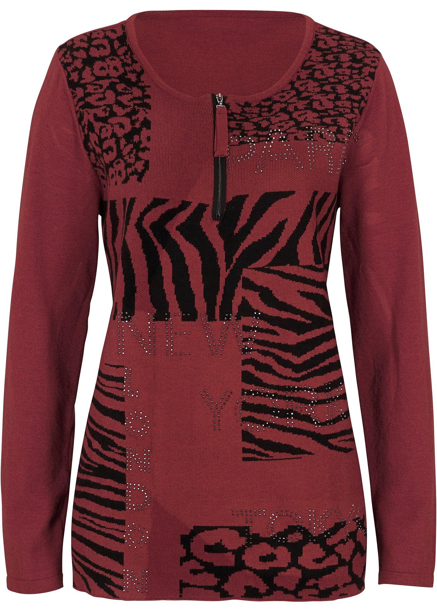 Komfortabler Jaquard-Long-Pullover von bpc selection premium (90487595) in rubinrot/schwarz