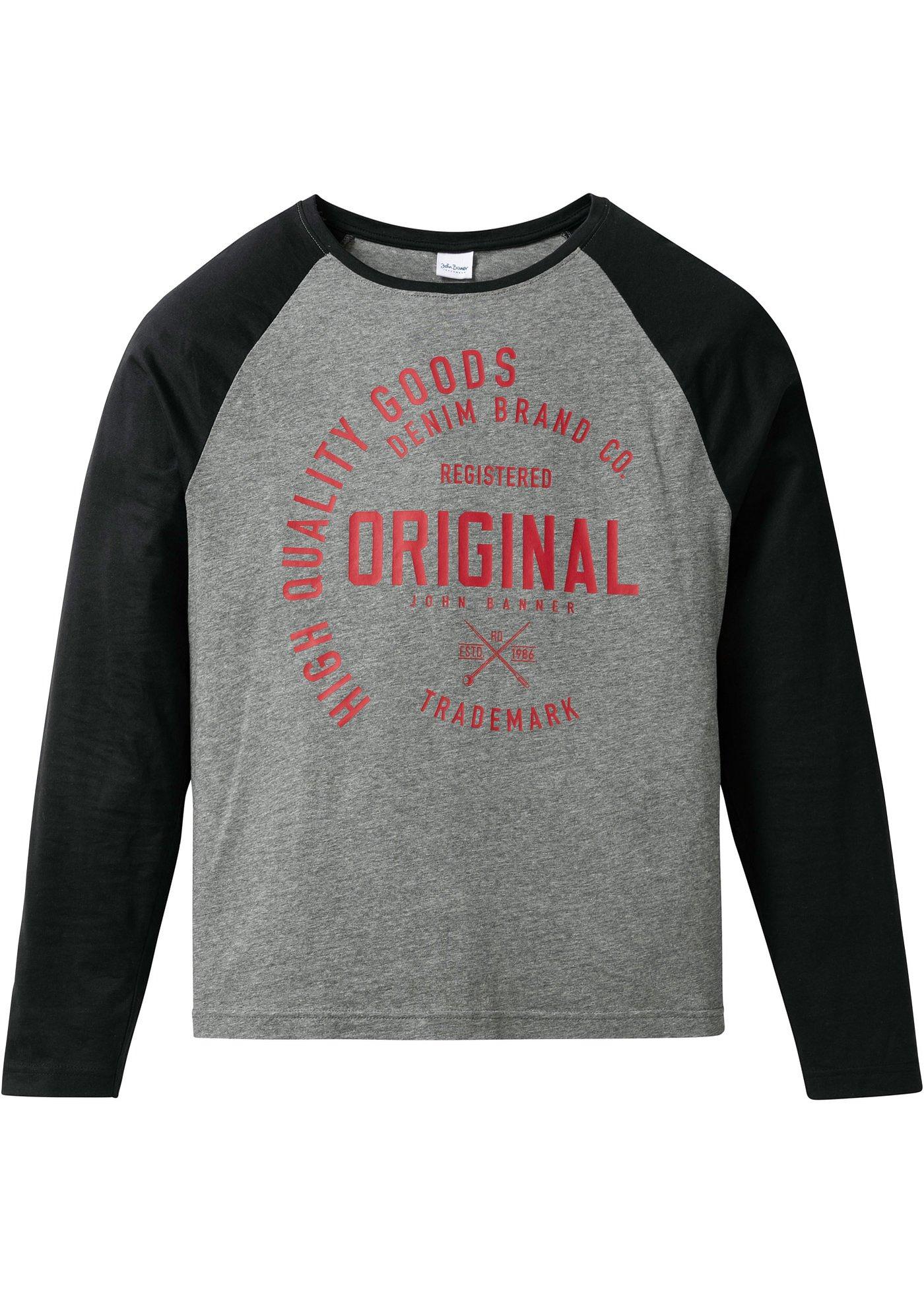 Modernes Langarmshirt mit farblich abgesetzten Raglanärmeln und Druck auf der Brust (91435881) in grau meliert/schwarz bedruckt