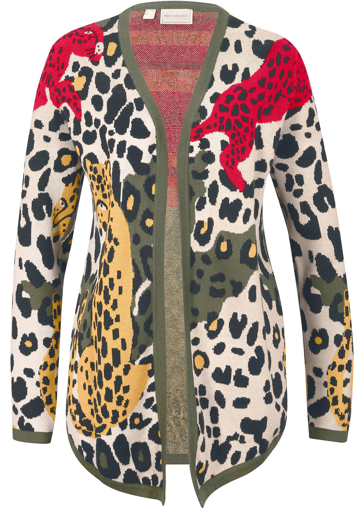 Hübsche Strickjacke mit Leo-Print (90531095) in naturbeige / rot / curry