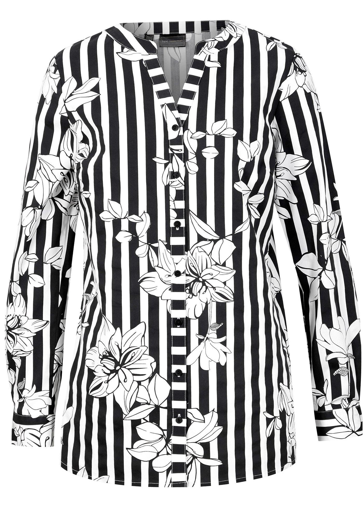 Frühlingshafte Longbluse bedruckt mit Blumenmuster (95440295) in schwarz / weiß floral