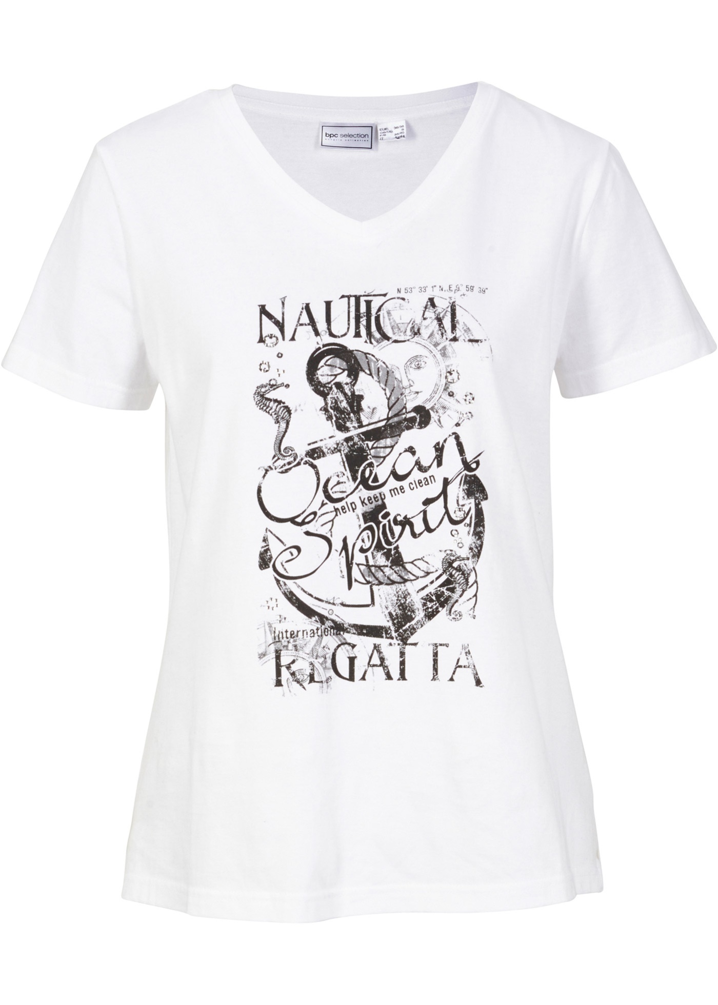 Klassisches T-Shirt mit Aufdruck und kleinen Gltzersteinchen (94736881) in weiß / schwarz