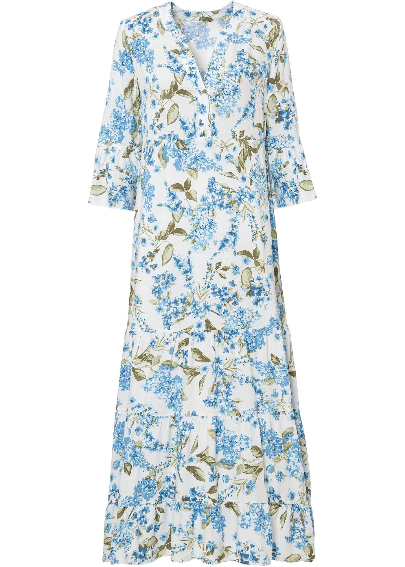 Modernes langes Kleid mit schönem Druck (91631195) in wollweiß / blau geblümt