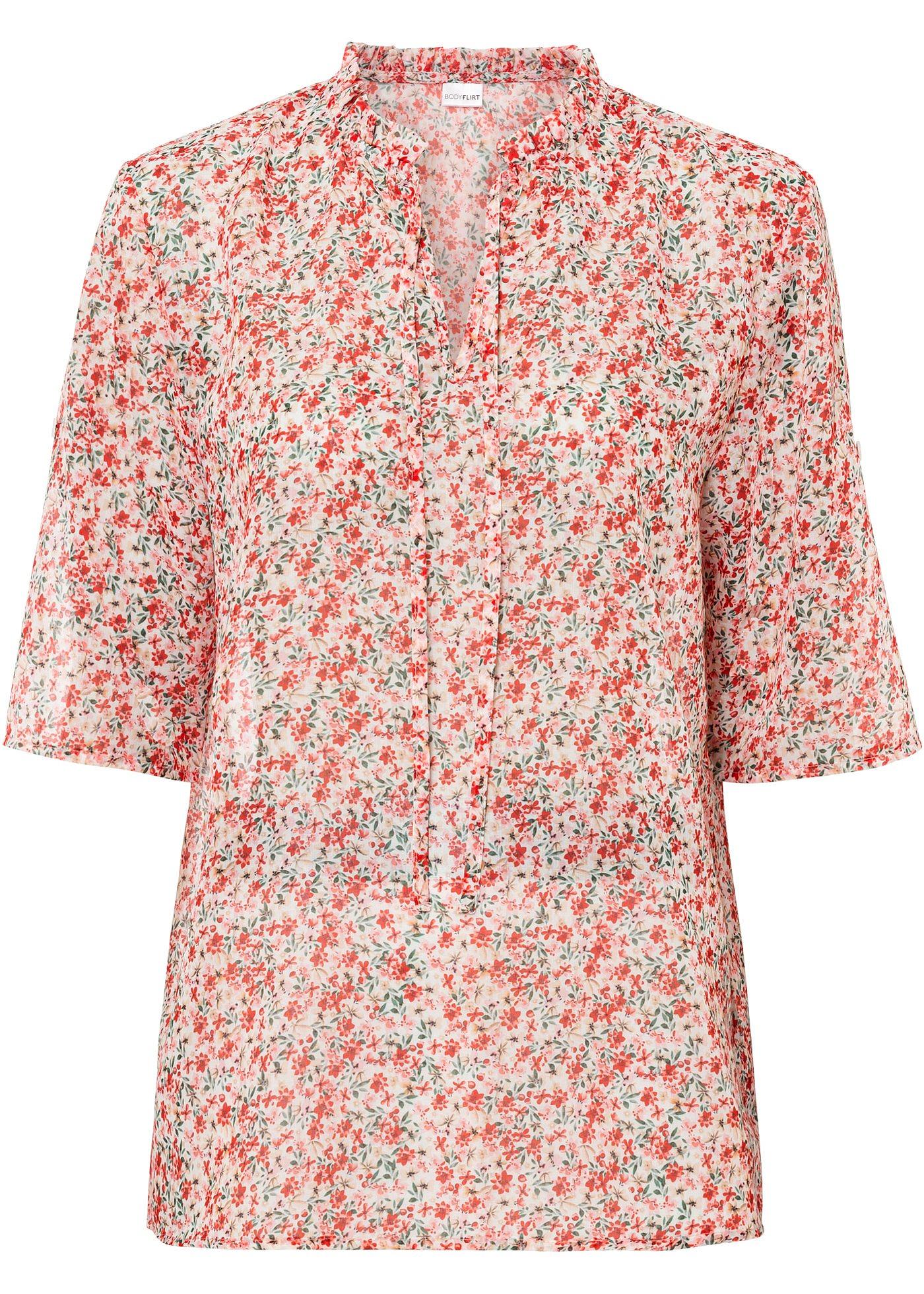 Verspielte Tunikabluse mit schönem Blumenmuster und Bindeband am Kragen. (90946781) in weiss geblümt