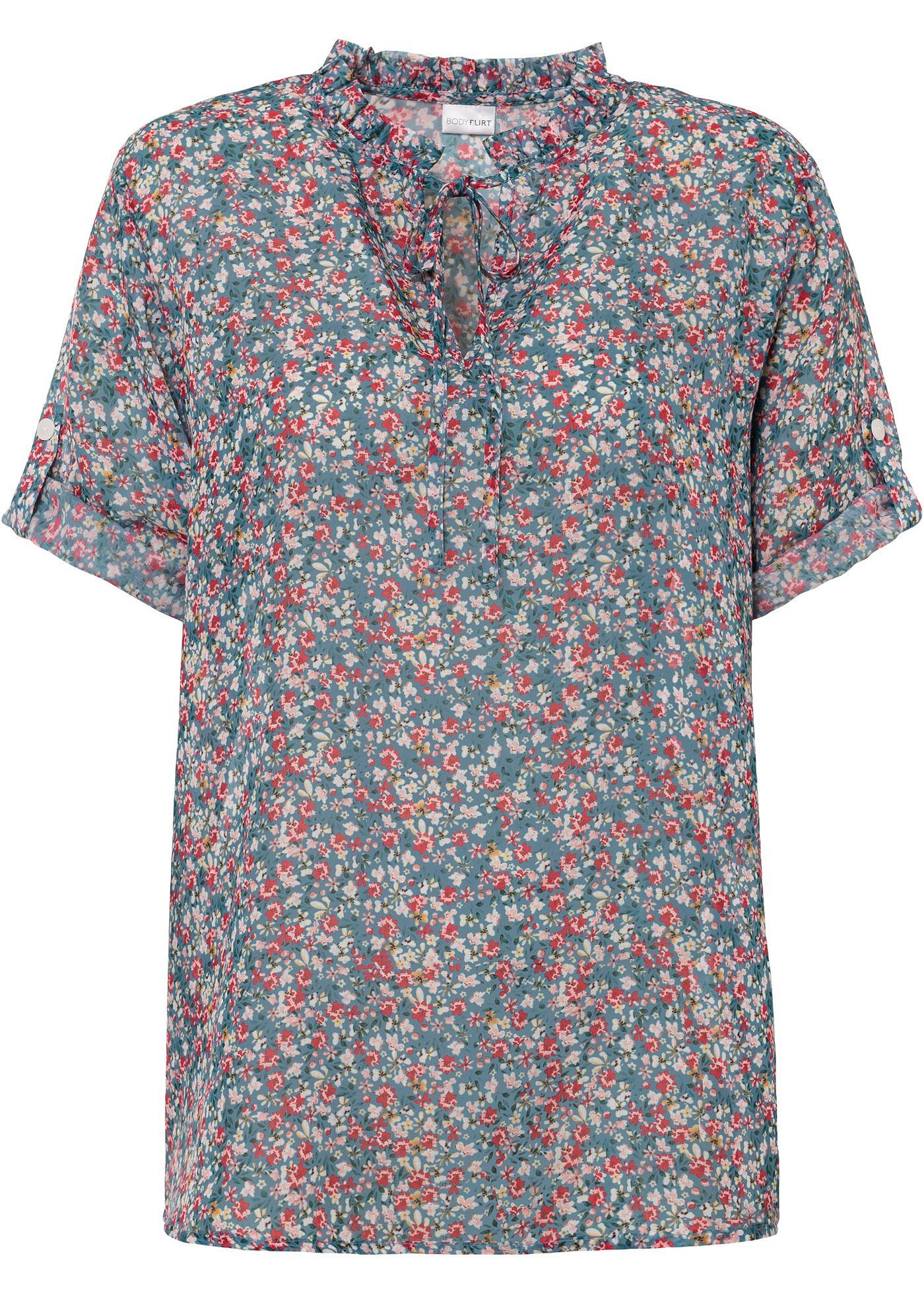 Verspielte Tunikabluse mit schönem Blumenmuster und Bindeband am Kragen. (90946481) in blaugrün geblümt
