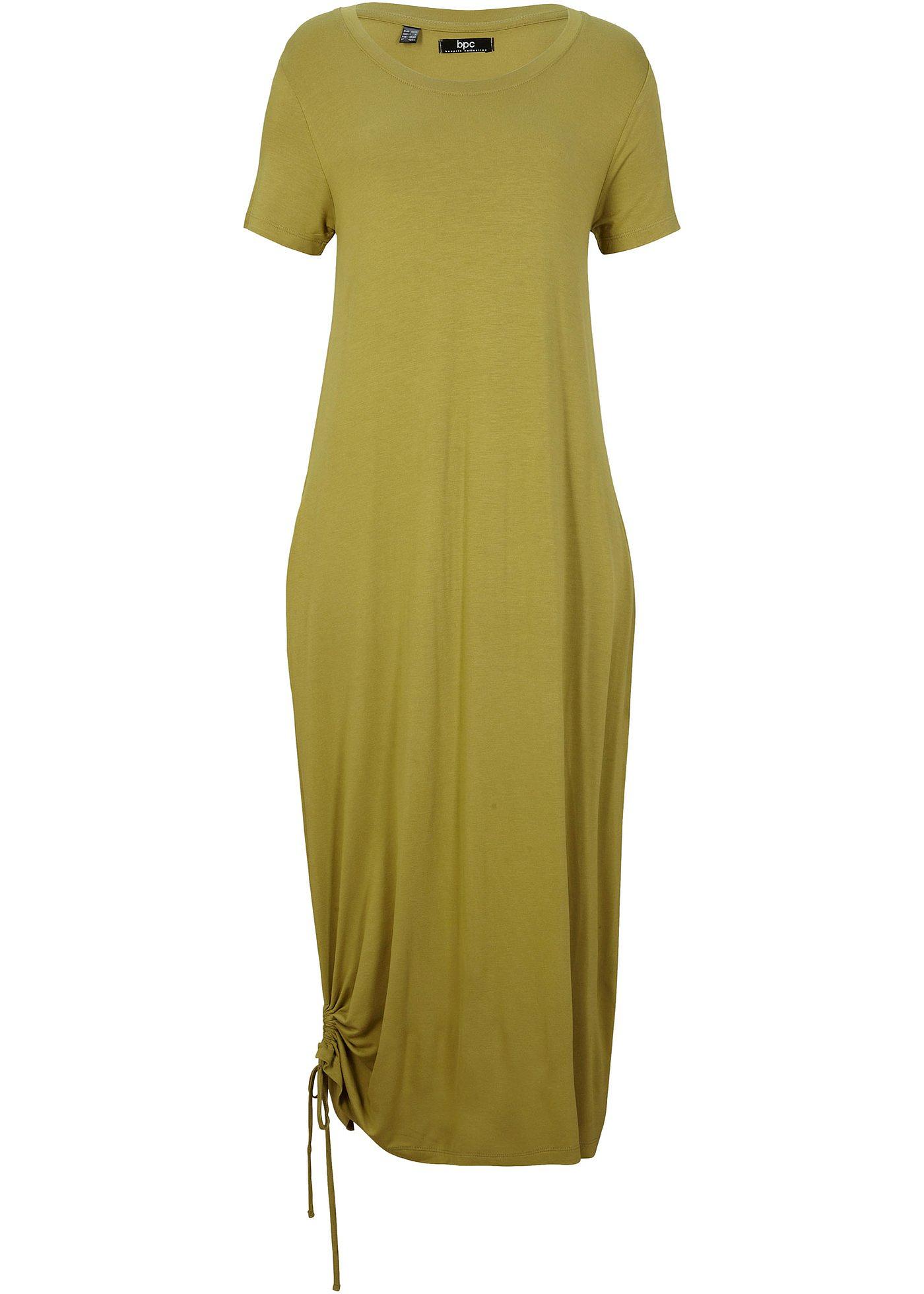 Lässiges Kleid mit Rundhalsausschnitt, kurzen Ärmeln und seitlichem Raffungsdetail am Saum in Midi-Länge (90753295) in goldoliv