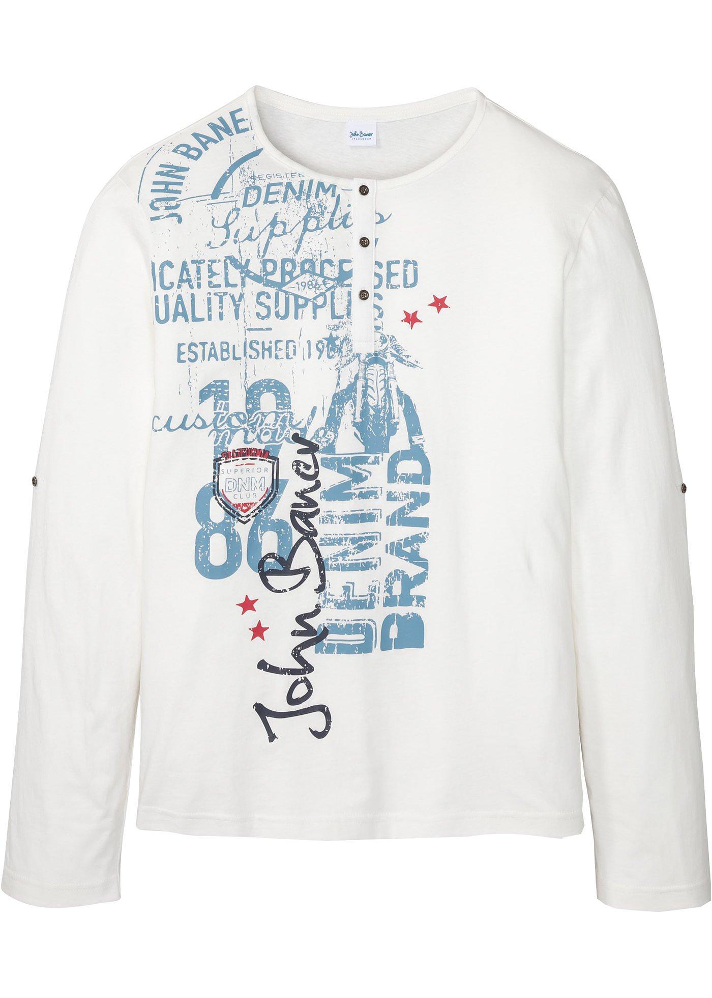 Modisches Henleyshirt aus Bio-Baumwolle, Langarm mit Print (95706981) in wollweiß bedruckt