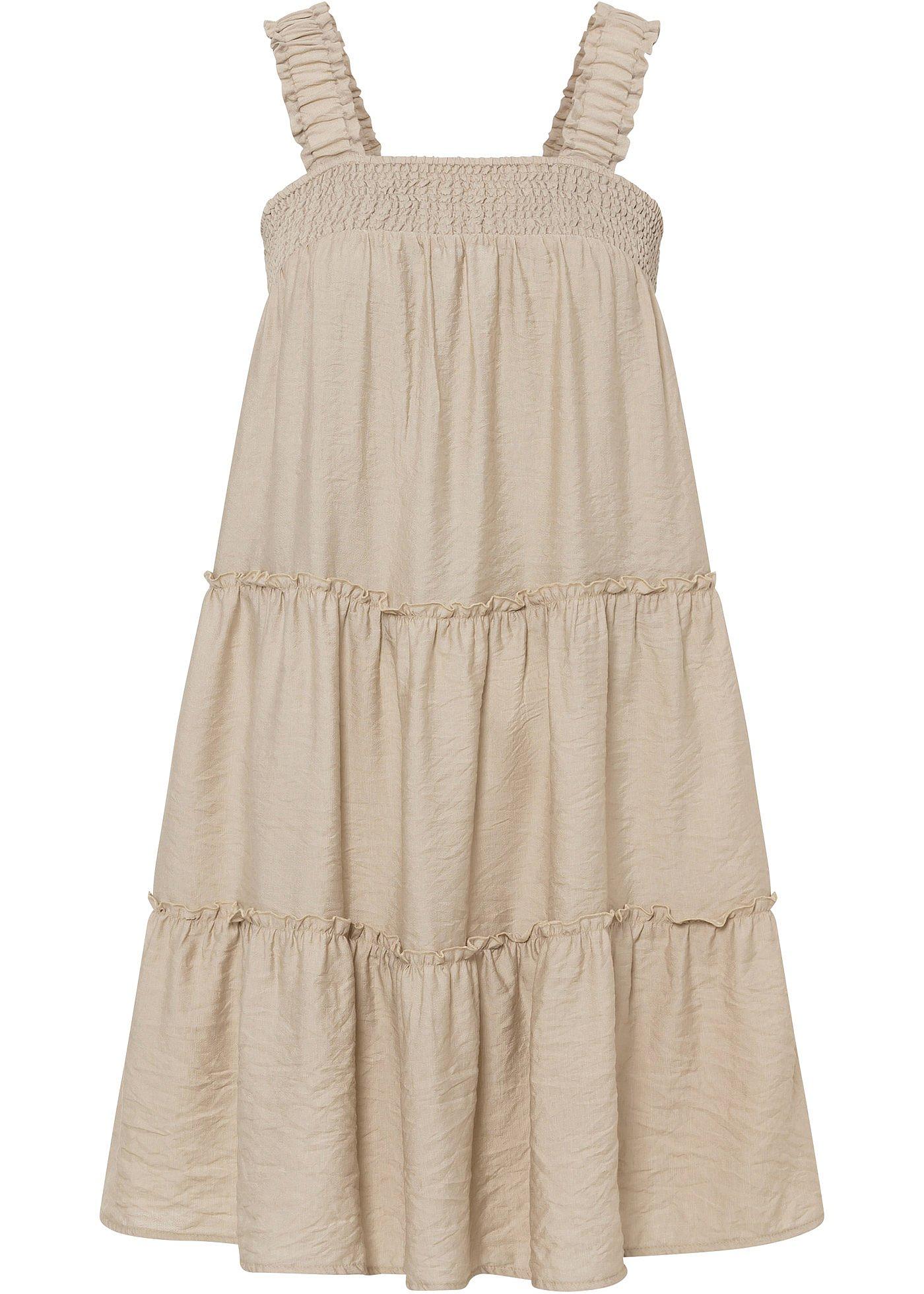Sommerkleid mit breiten Trägern und Volant beige