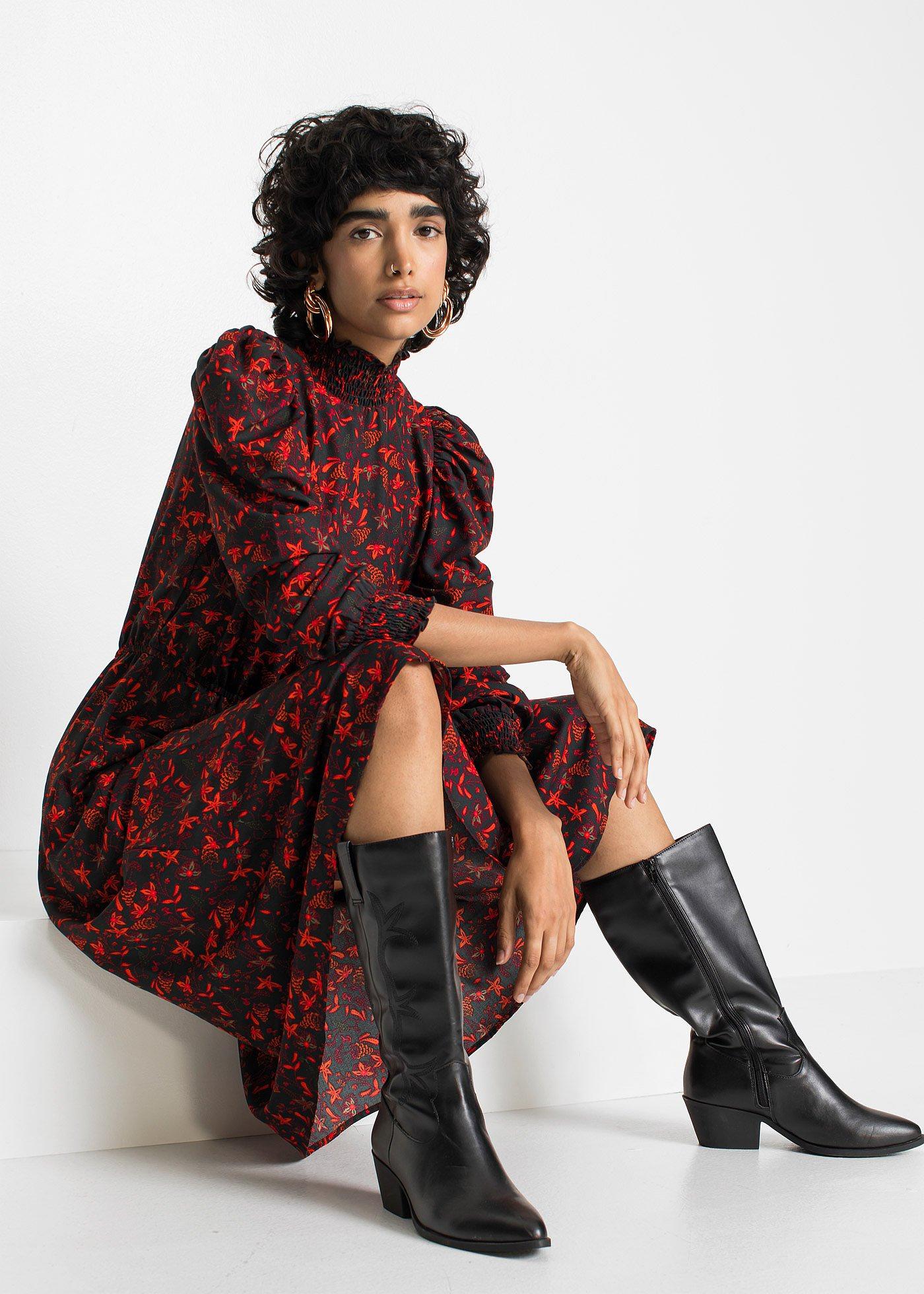 Midikleid mit Blumenmuster - schwarz geblümt