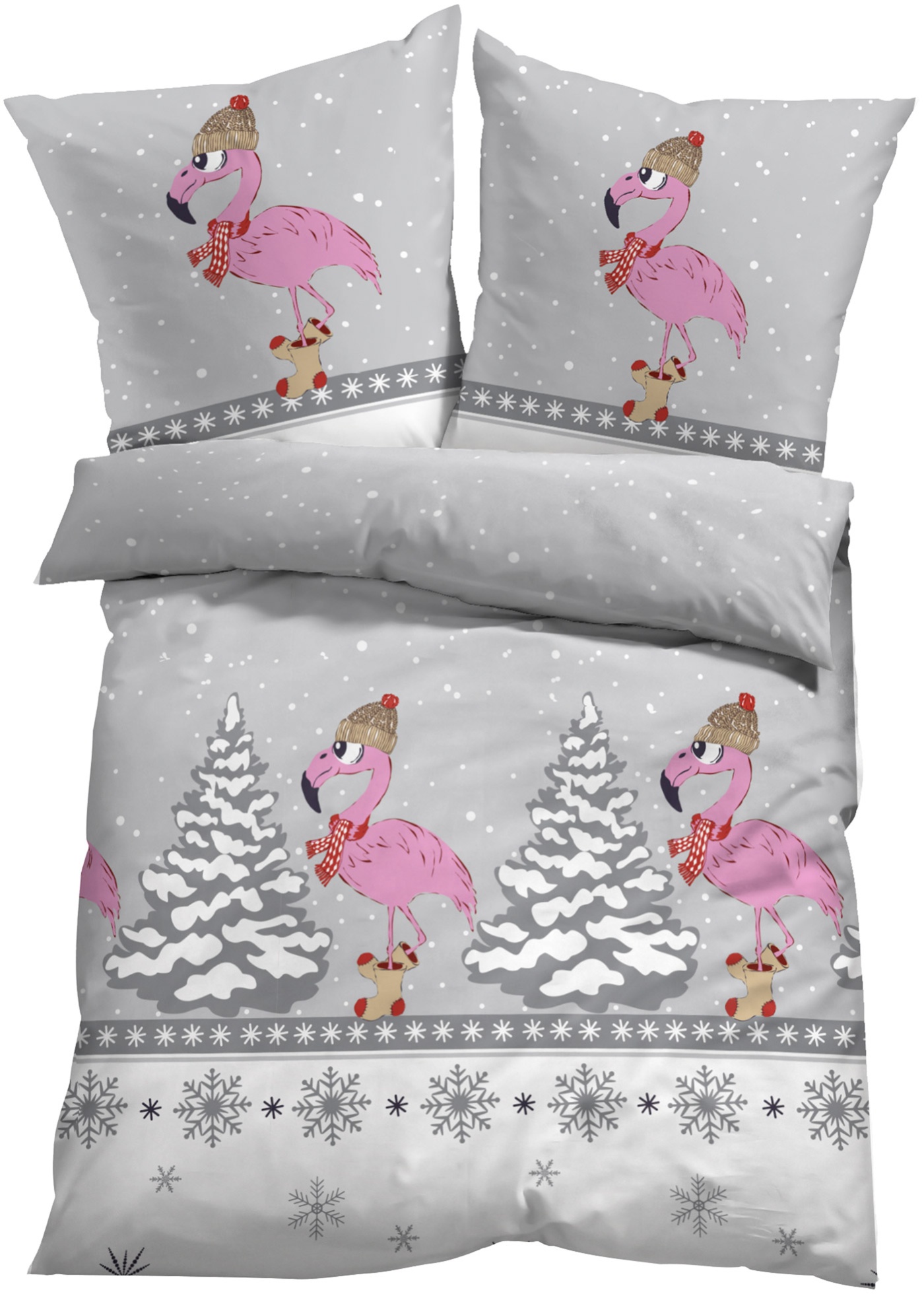 Bettwäsche mit Flamingo und verschneiten Tannenbäumen (97691381) in grau