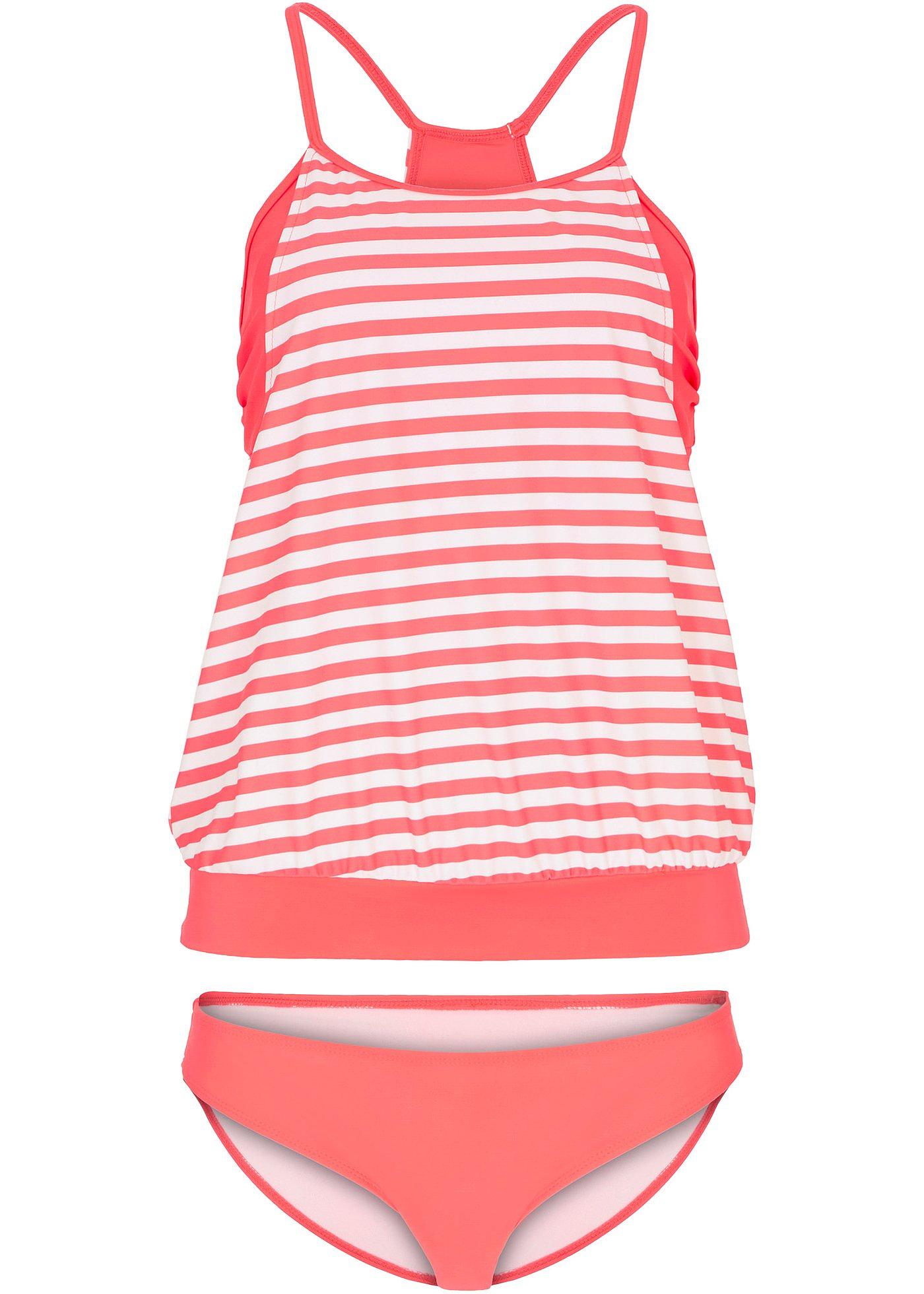 Modischer Tankini mit Ringerrücken und tiefen Armlöchern pink/weiß