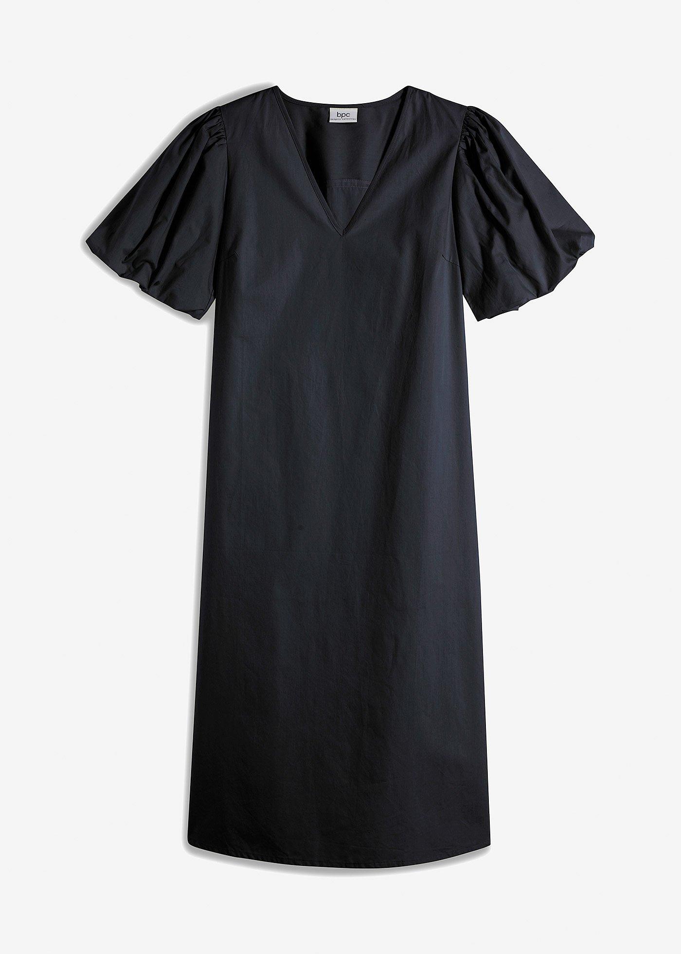 Midi-Web-Kleid mit Ballonärmeln aus Bio-Baumwolle, knieumspielend