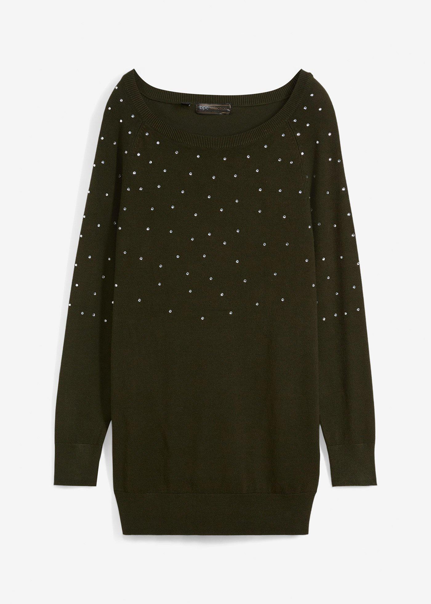 Long-Pullover mit Glitzersteinen