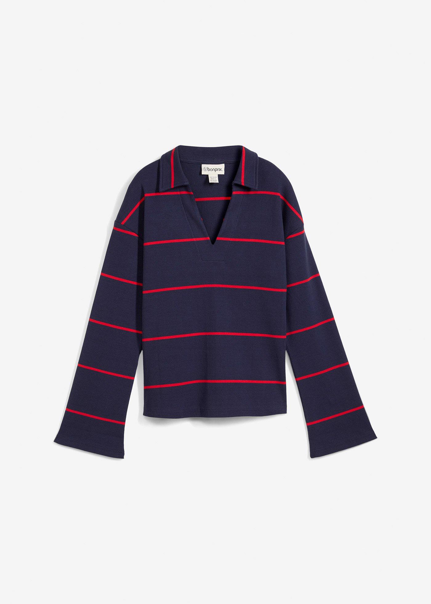 Geripptes Langarm-Poloshirt