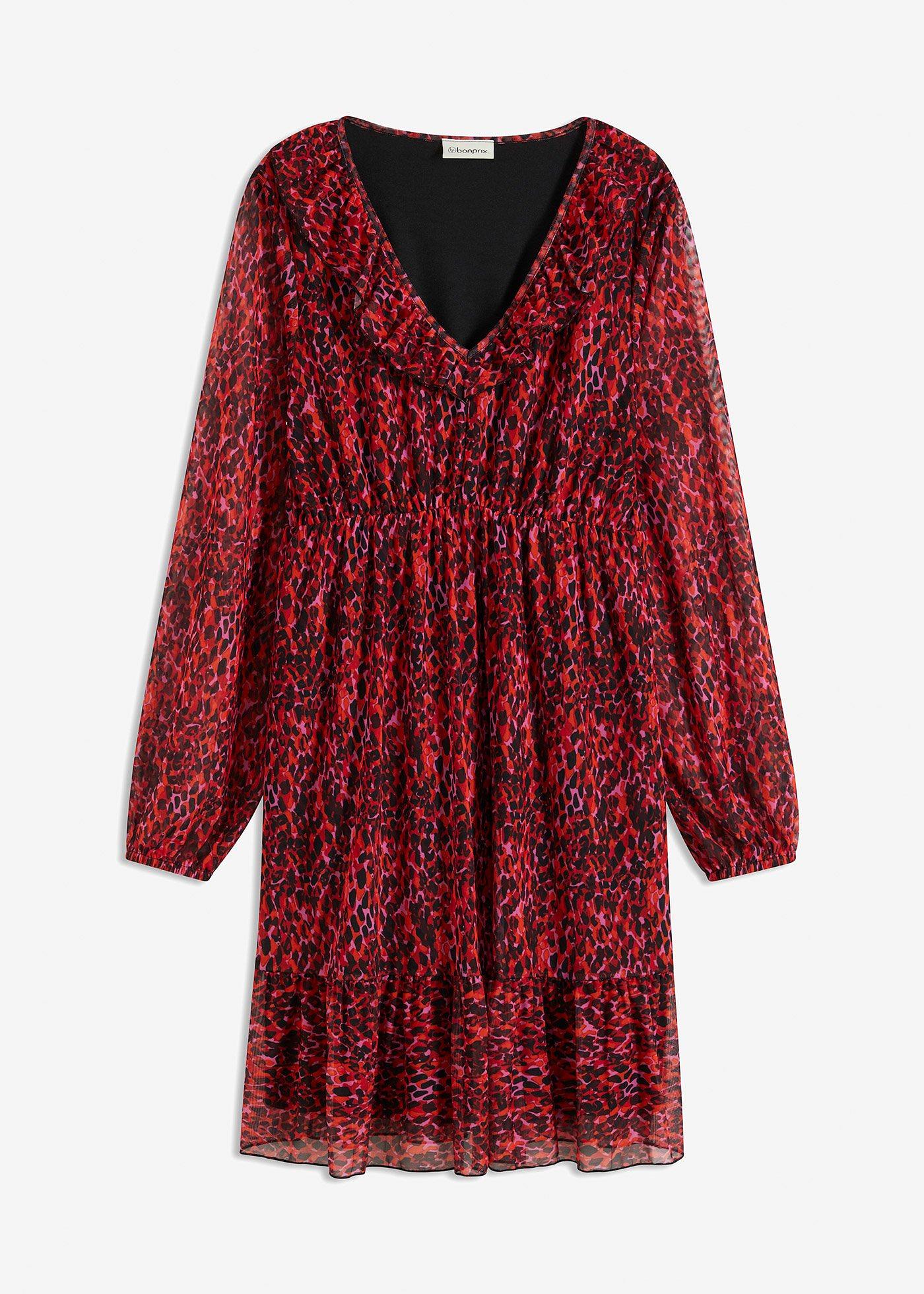 bedrucktes Mesh-Kleid mit Volants