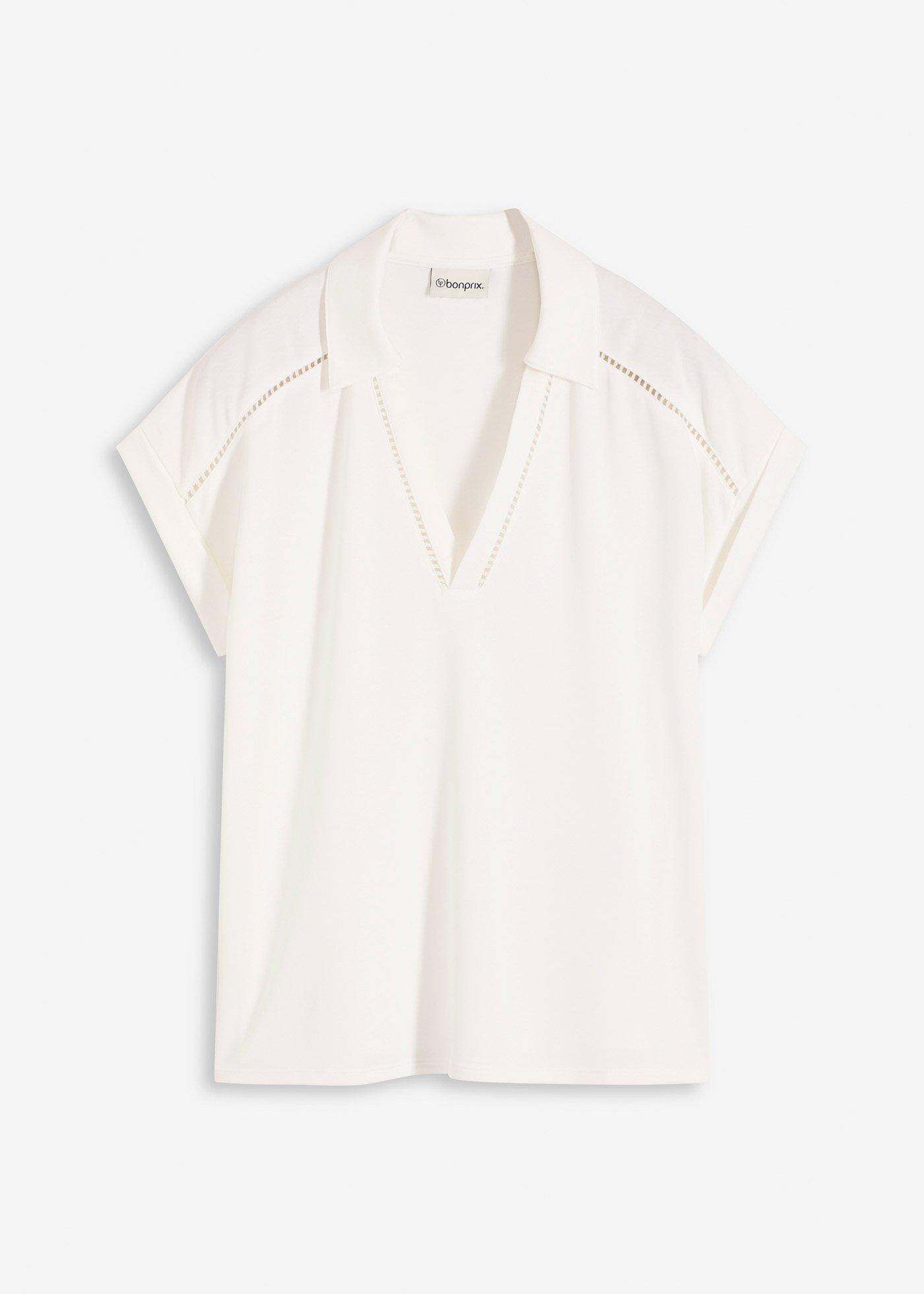 Poloshirt aus Viskose- Pique mit Spitzeneinsatz
