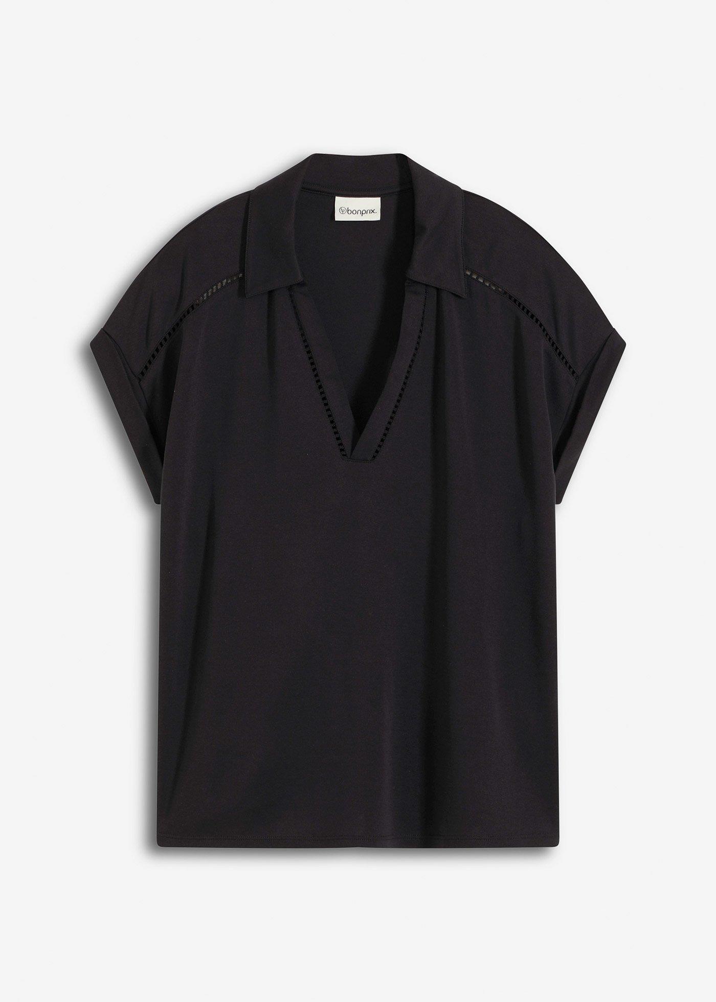 Poloshirt aus Viskose- Pique mit Spitzeneinsatz