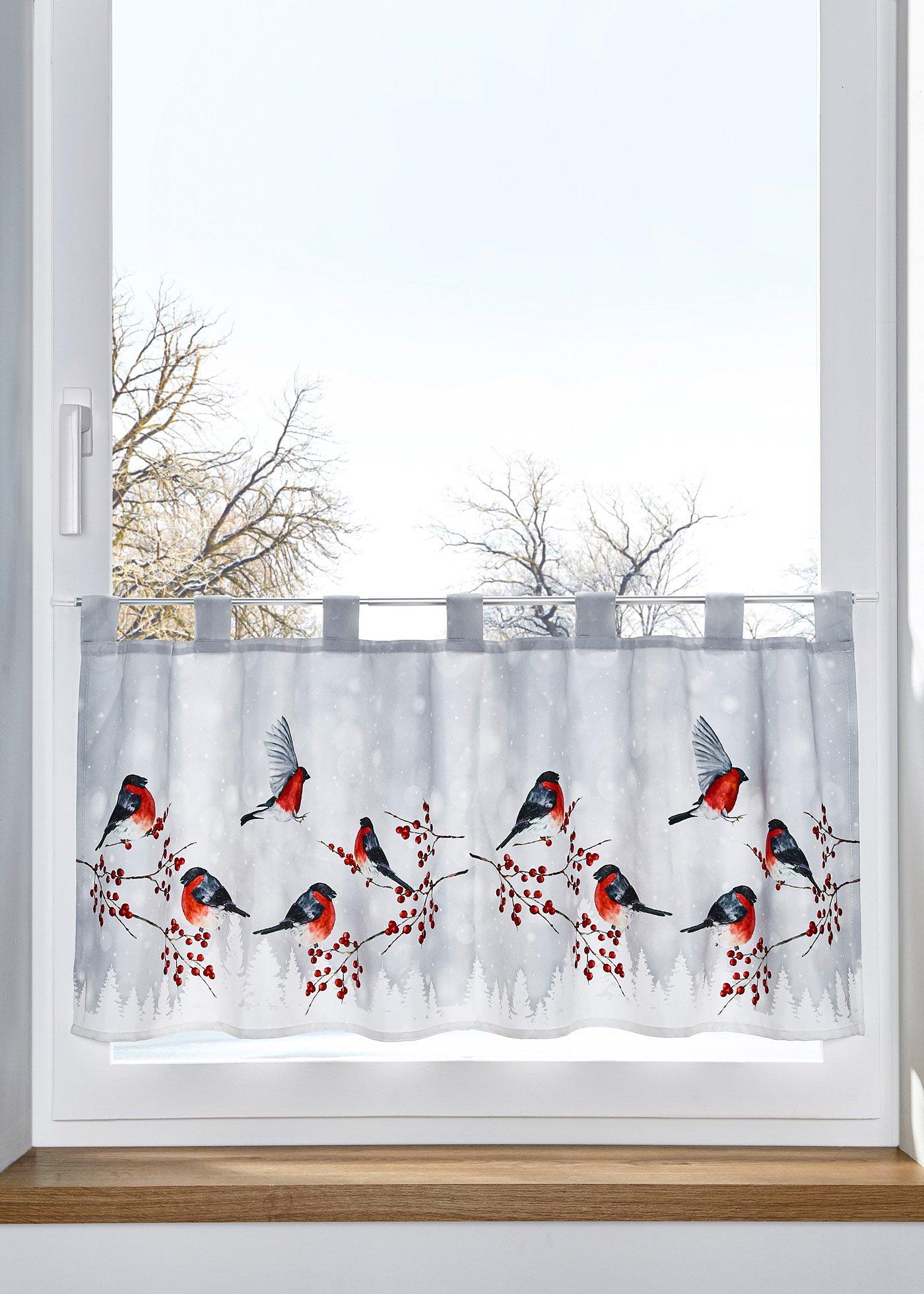Scheibengardine mit Wintervögeln