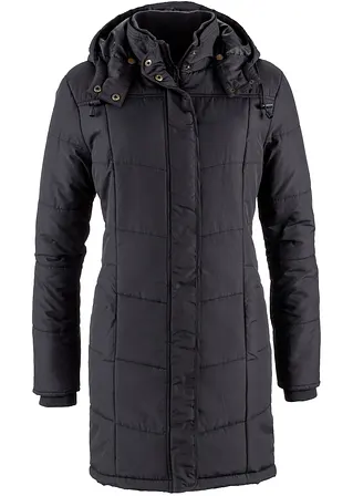 Long-Steppjacke, wattiert mit Kragen und Kapuze in schwarz - bonprix