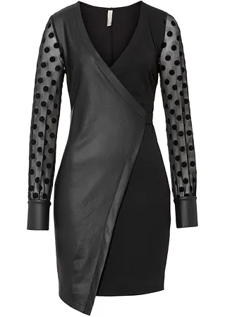 Lederimitat-Kleid mit Jersey-Einsatz und gepunkteten Mesh-Ärmel in schwarz von vorne - bonprix