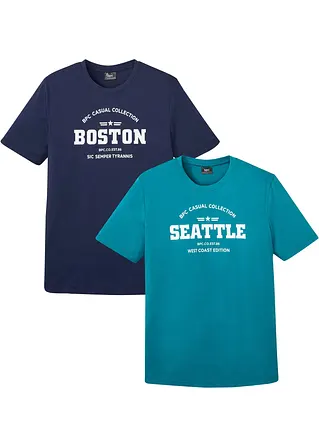 T-Shirt (2er Pack) aus reiner Baumwolle in blau von vorne - bonprix